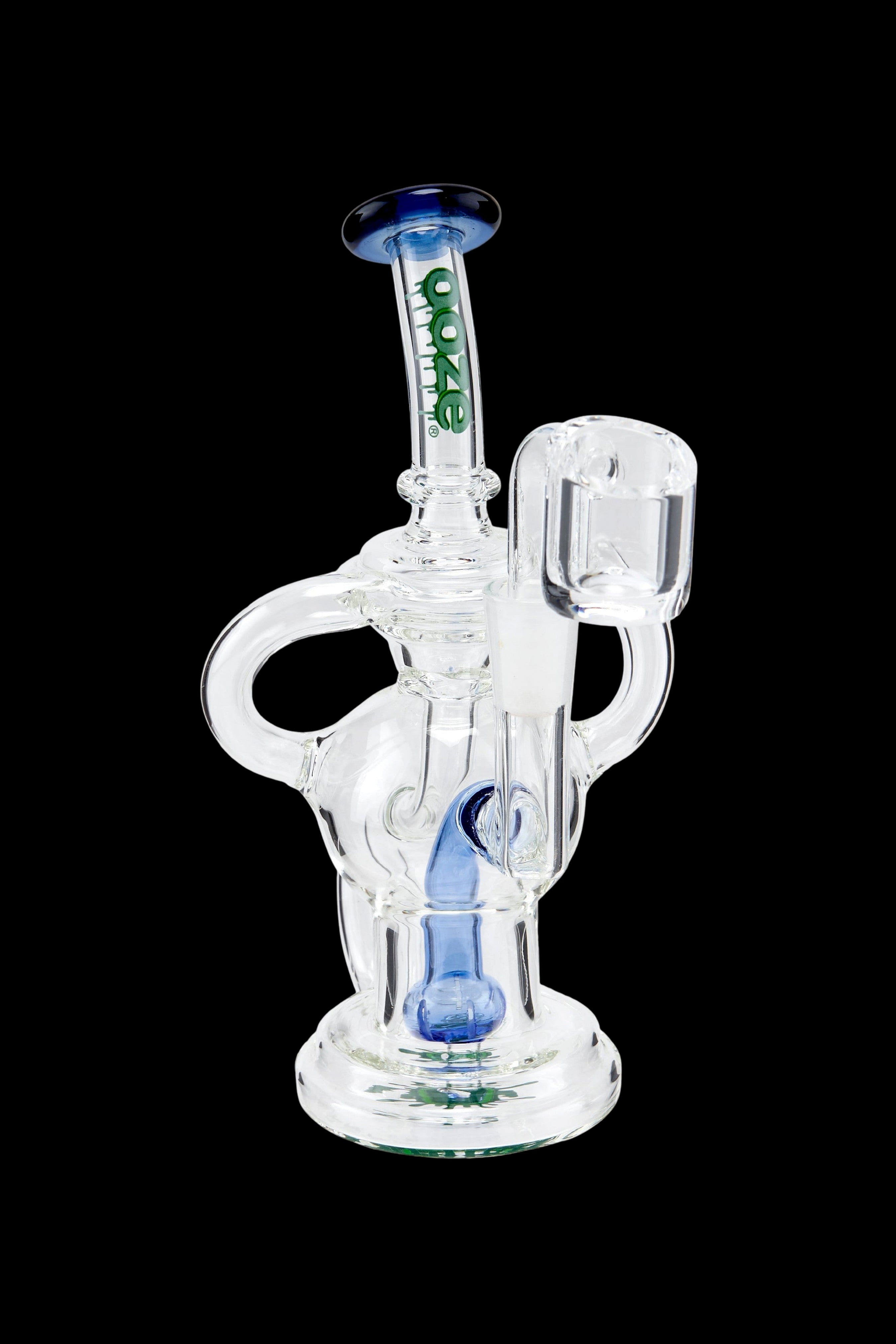Clear glass water pipe (rig) with blue accents and the “OOZE” logo.
