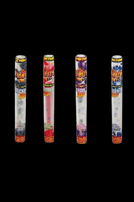 Row of four upright Juicy Jay Cones against a black background, each translucent cone tube showing colorful watermelon and other fruit-themed wrappers.