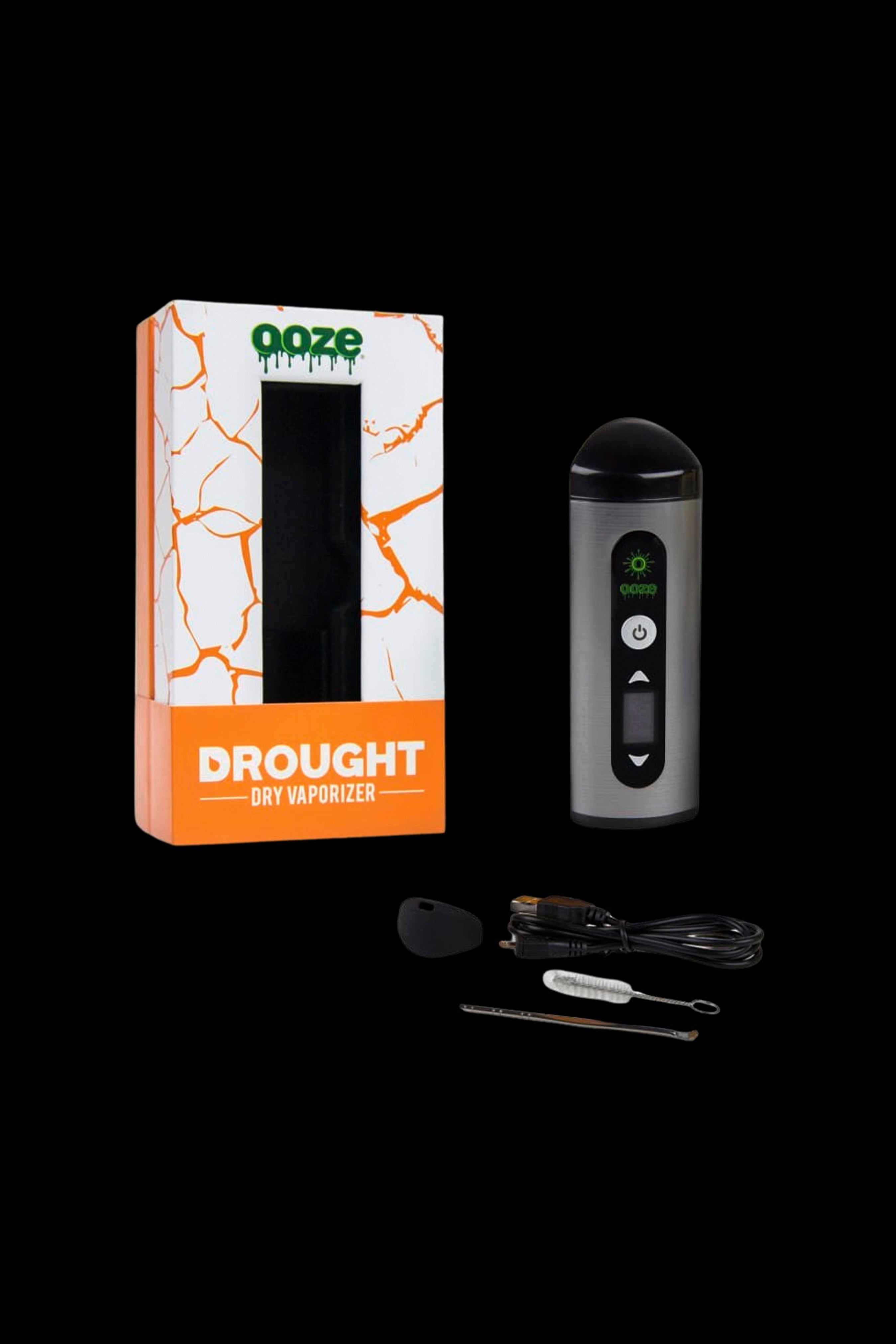 Ooze Drought dry herb vaporizer in box with included tools.