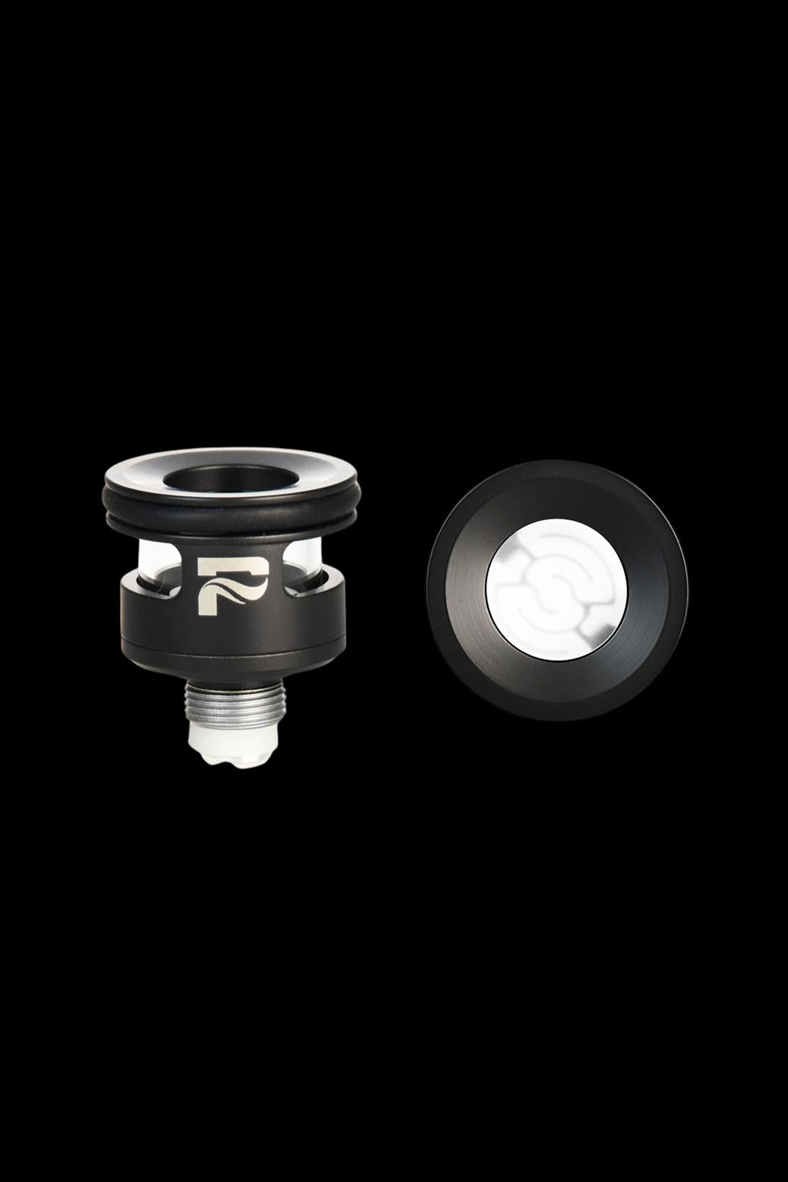 Black quartz dab nail with visible residue, shown from side and top views.