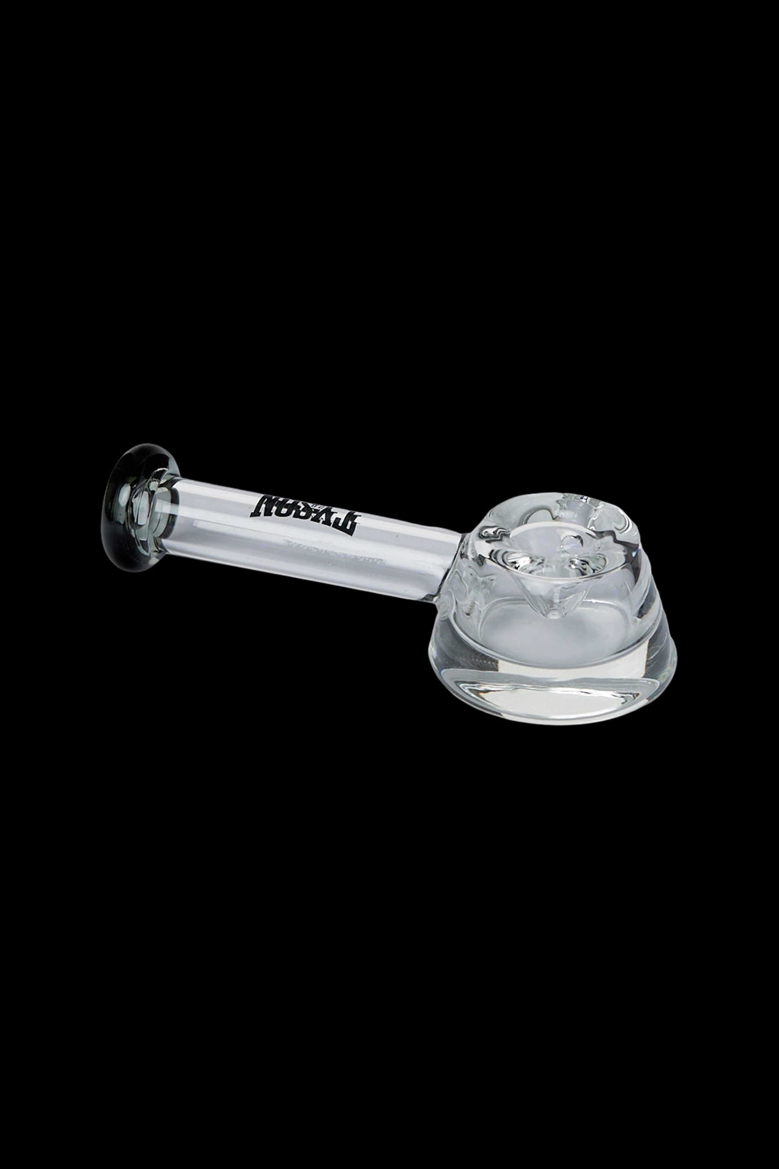Clear glass pipe with a bulbous bowl, branded with "Pyrex."