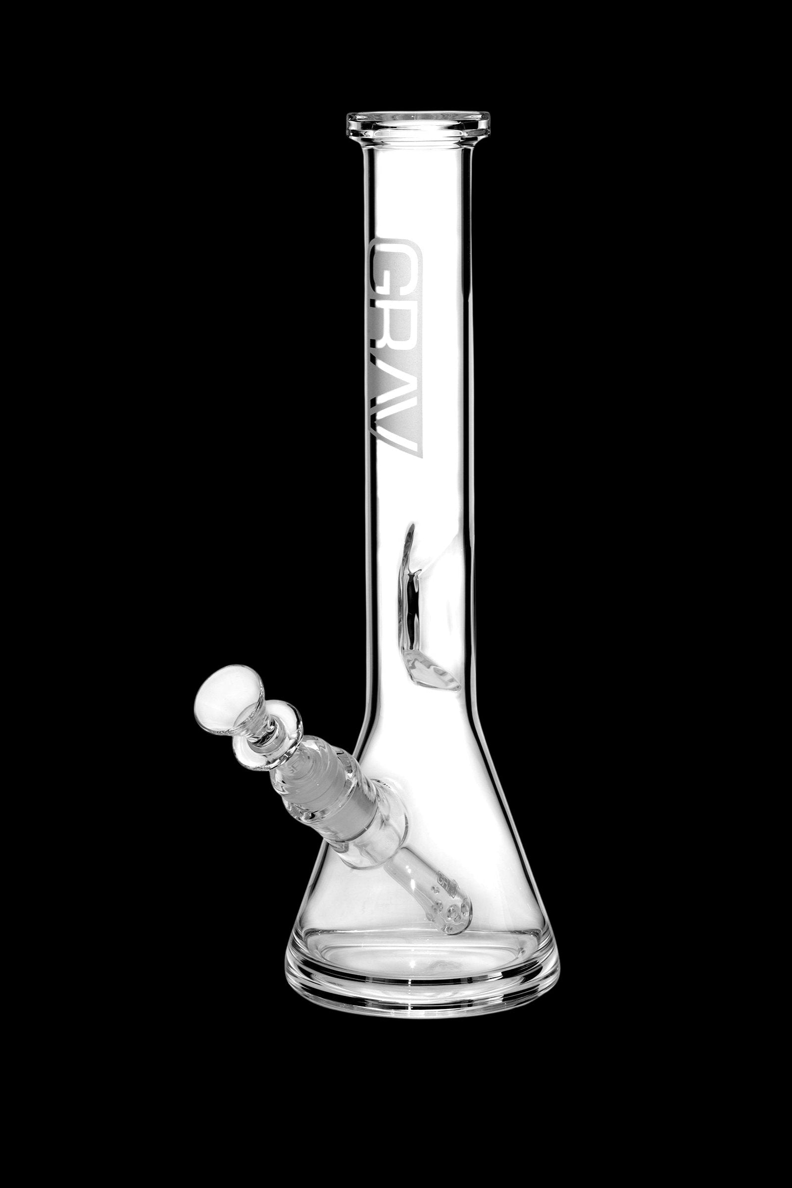 Clear glass water pipe (bong) with ice catcher, branded “GRAV”.