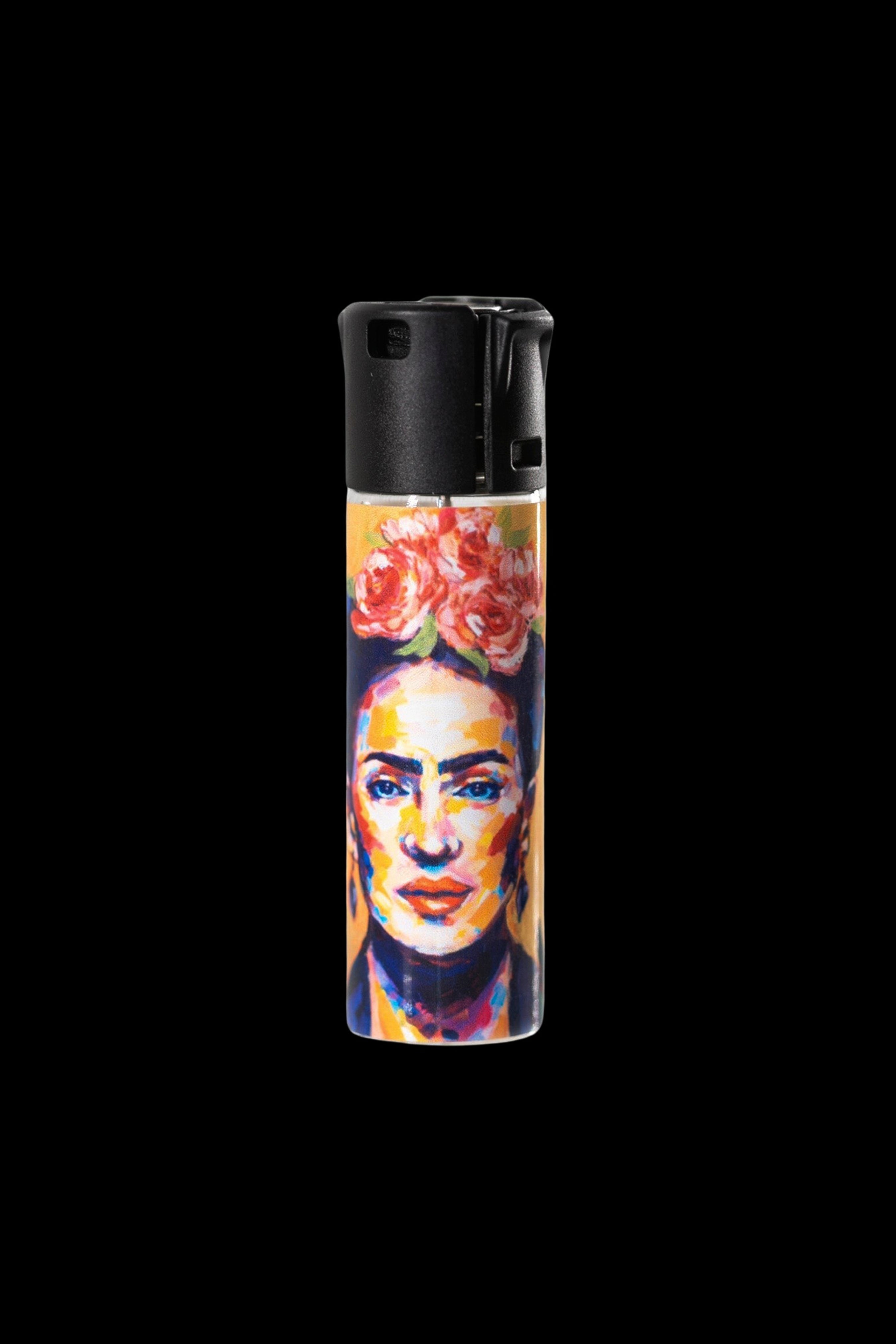 Lighter decorated with a colorful portrait of Frida Kahlo.