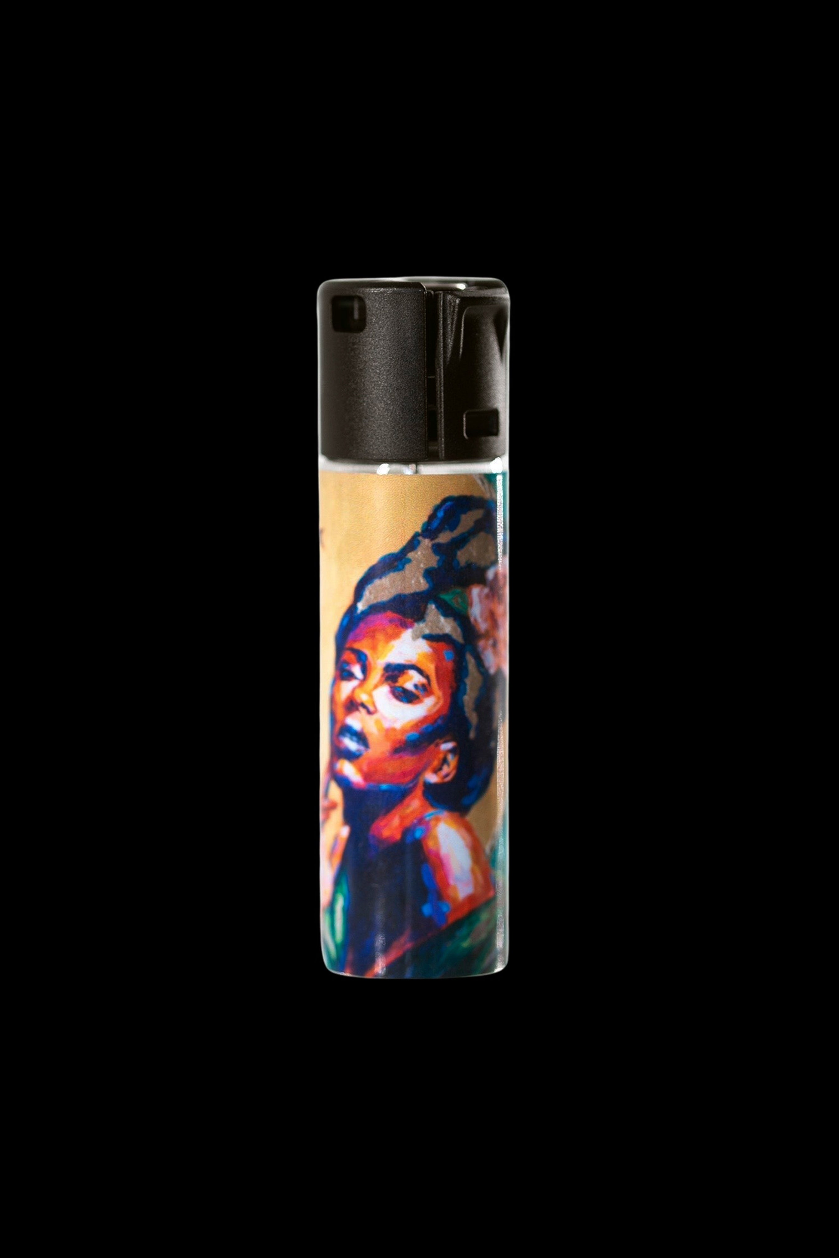 Lighter decorated with vibrant portrait art, likely related to cannabis culture.