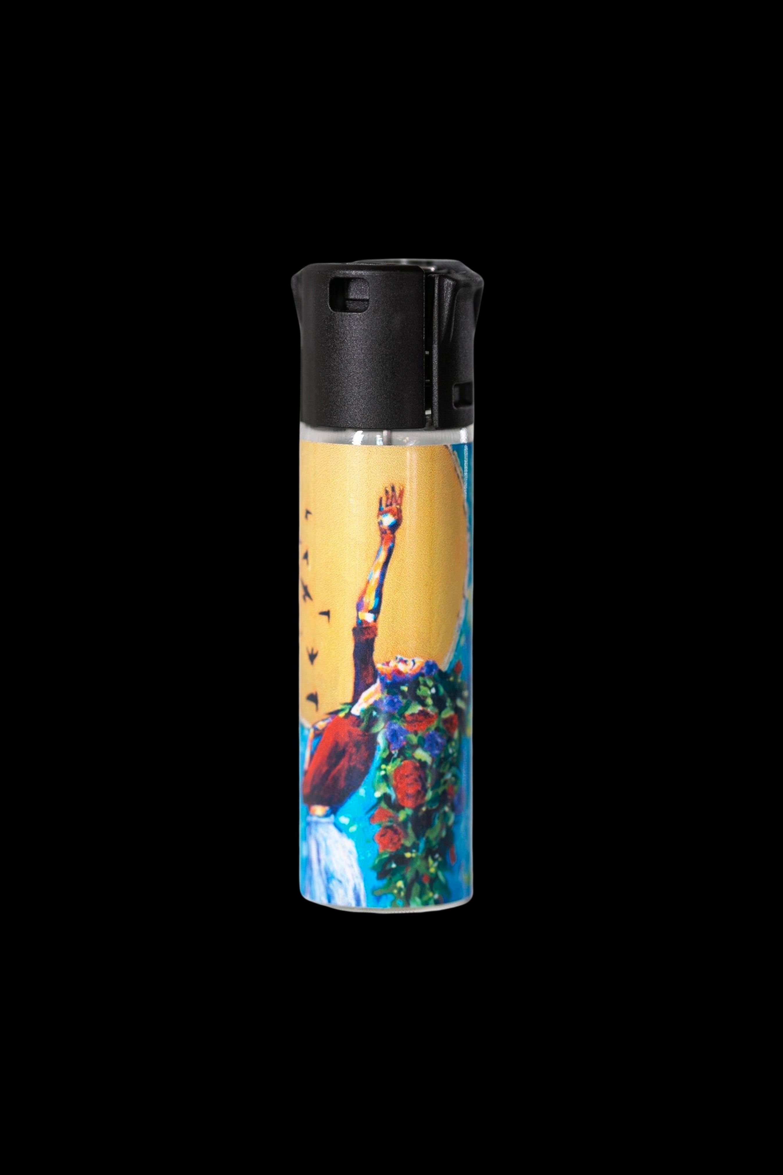 Cannabis lighter with artistic floral and bird design on a gold background.