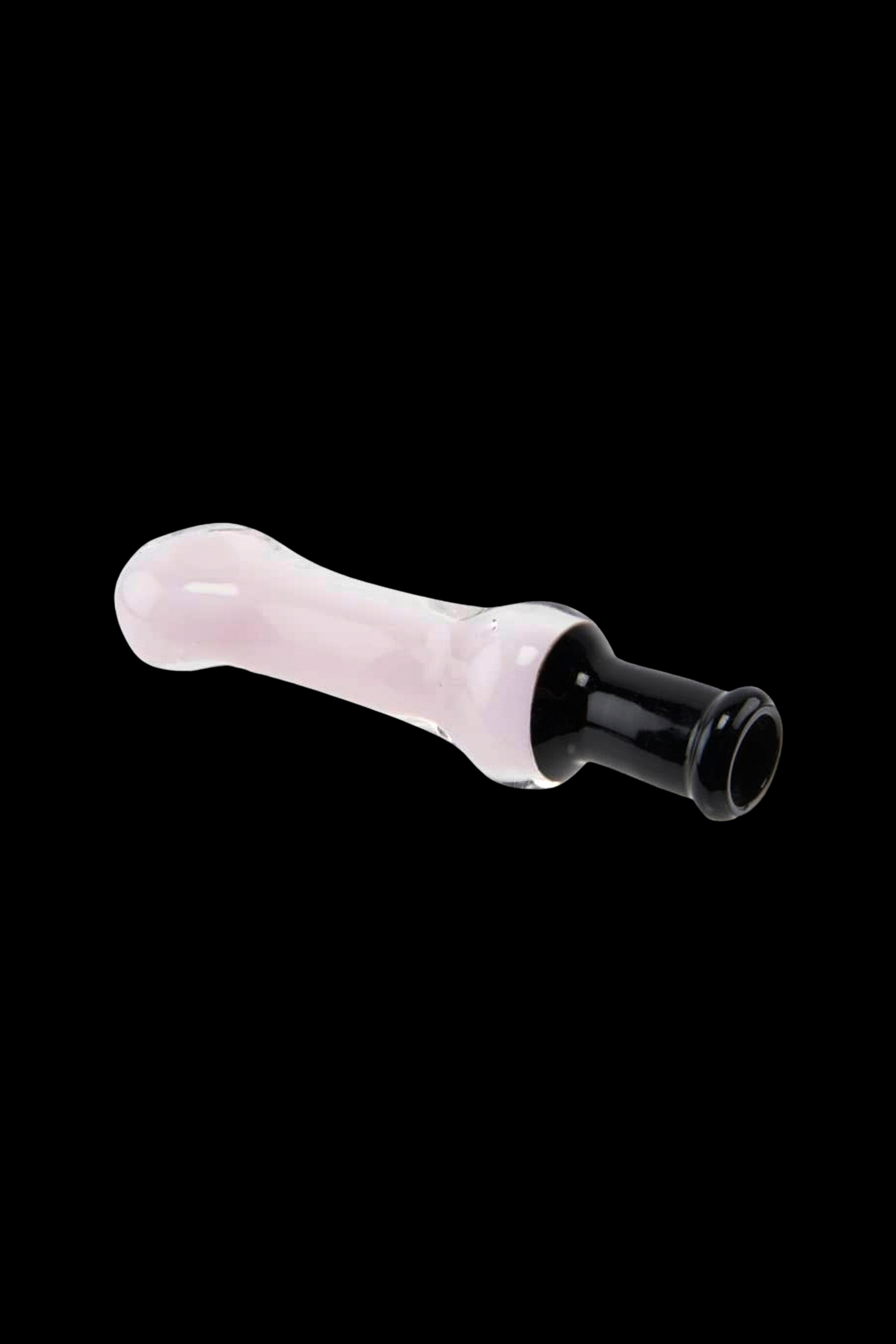 Pink glass cannabis pipe with black mouthpiece.