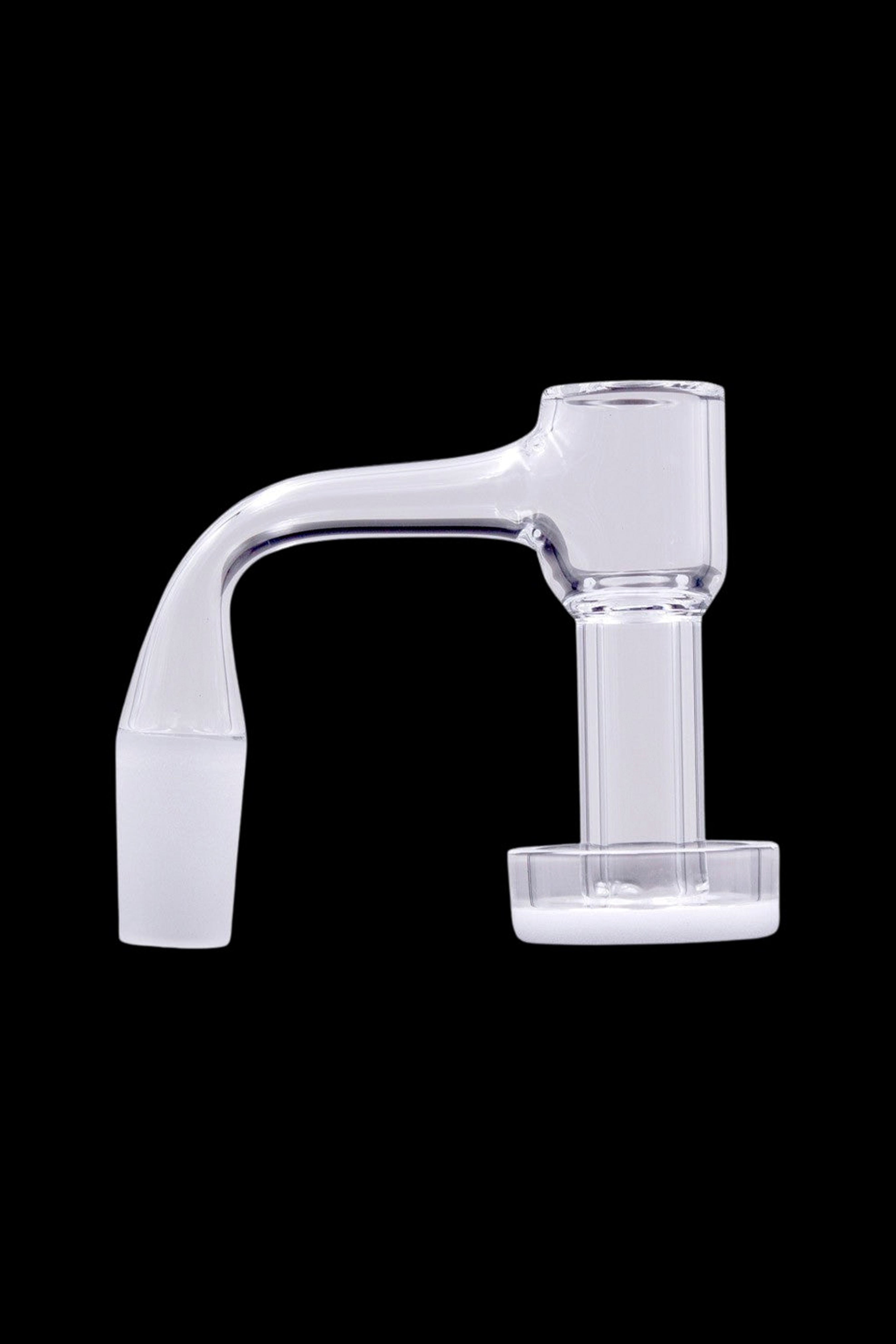 Clear glass dab rig attachment with angled mouthpiece.