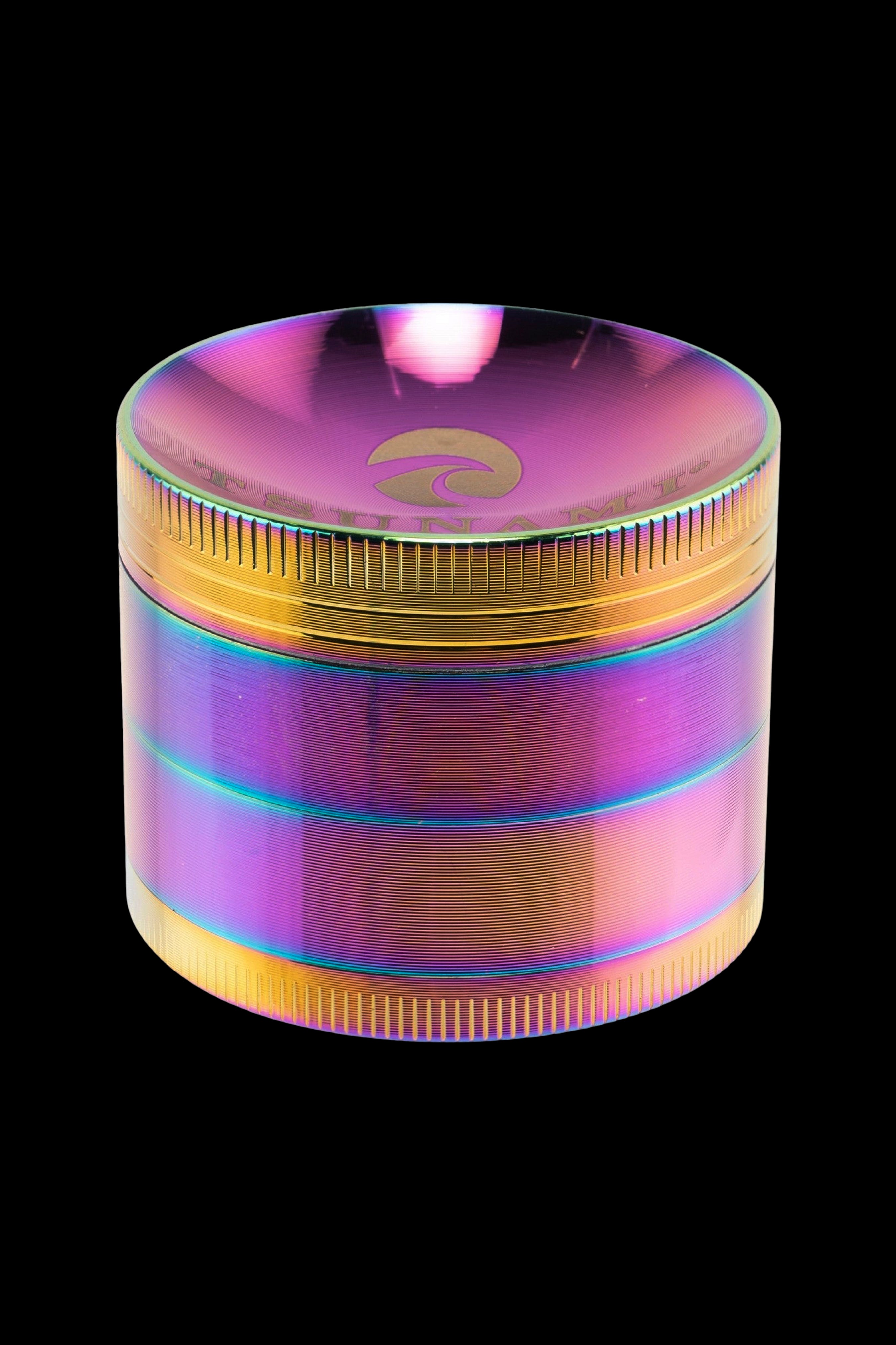 Iridescent metal cannabis grinder with a gold emblem on top.