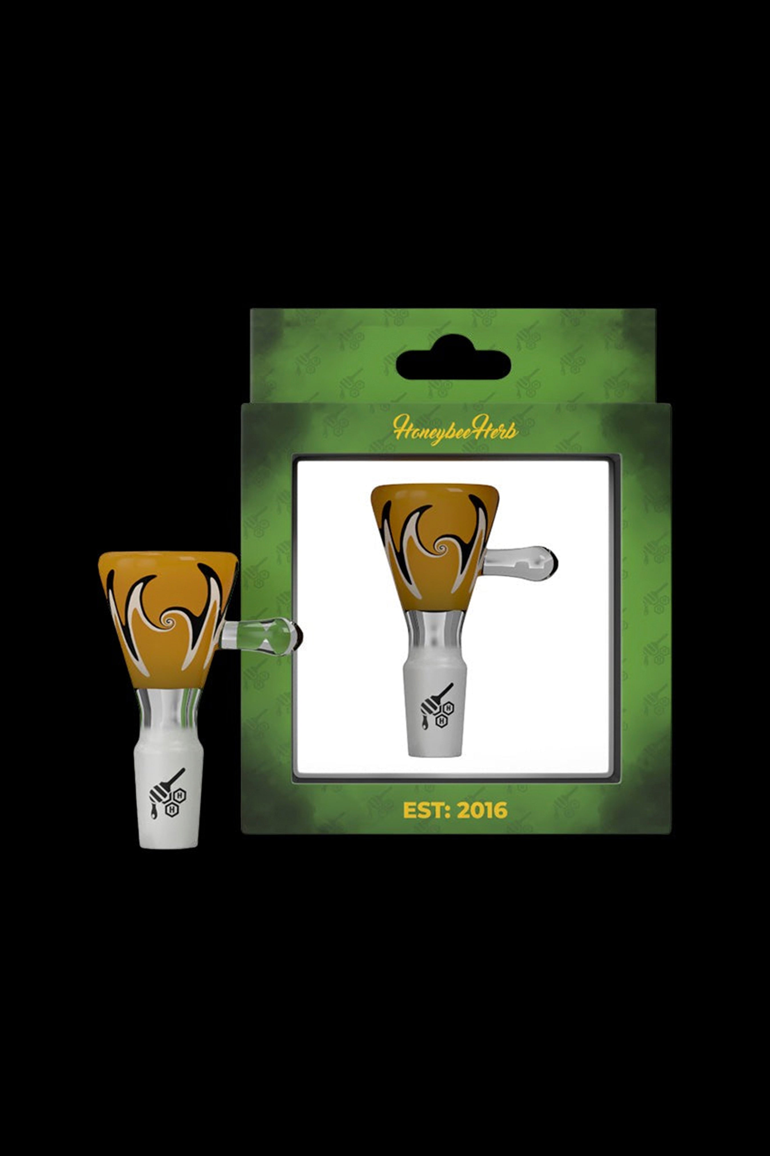 Packaged cannabis accessory, a colorful glass bowl with a honeycomb design, branded “Honeybee Herb” and established in 2016.