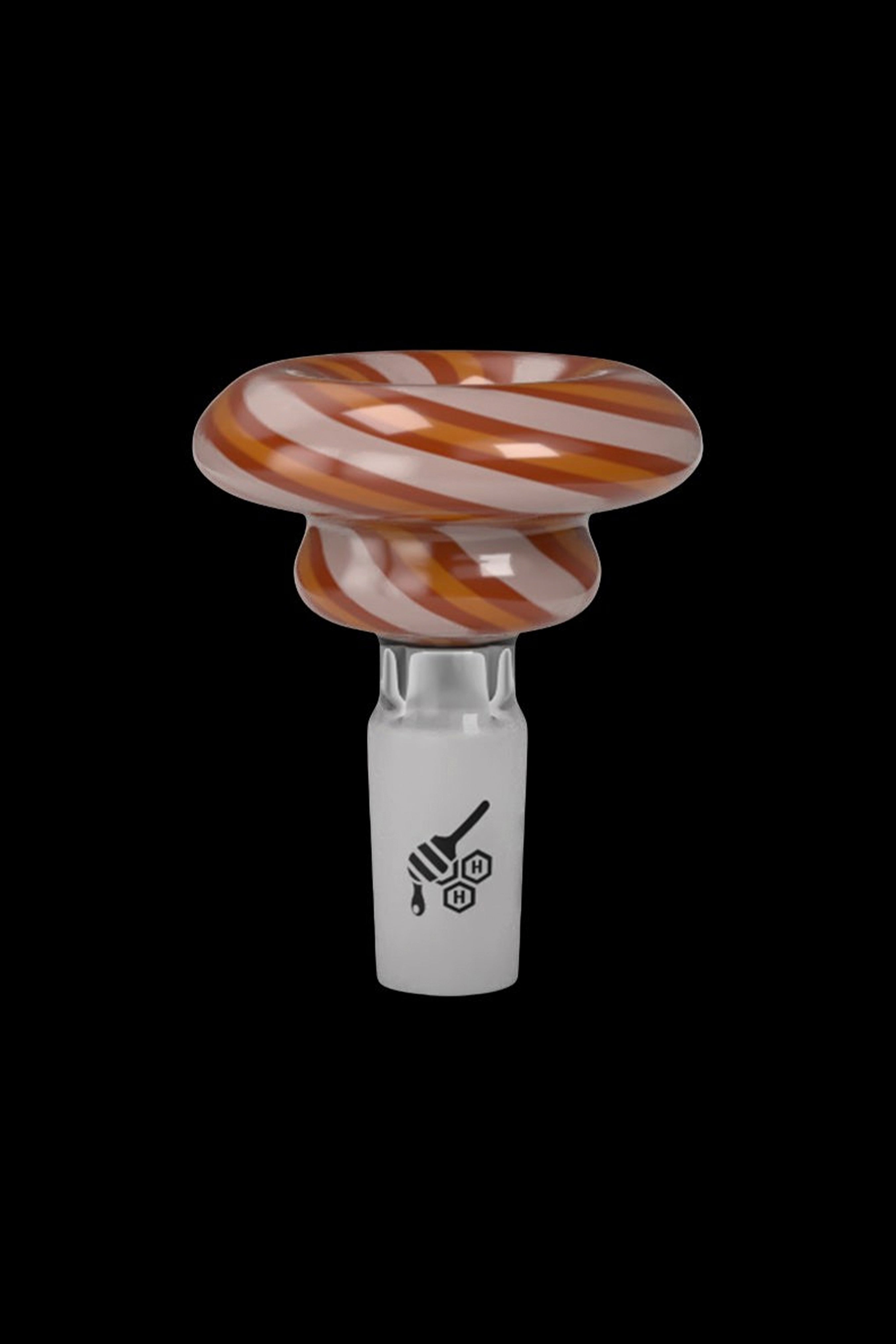 Glass cannabis bowl with swirling orange and white patterned design.