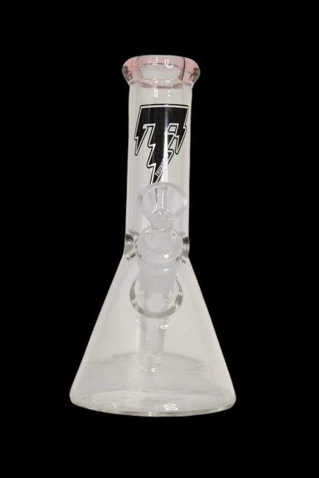 Clear glass beaker bong with black lightning bolt design.