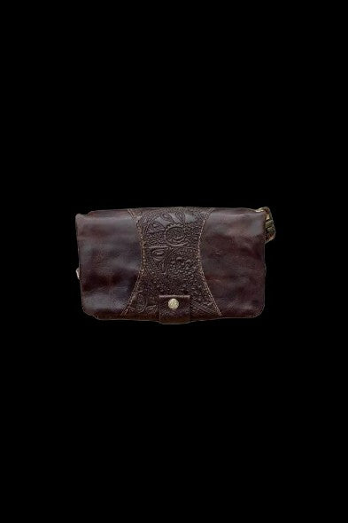 Dark brown leather smell-proof pouch with embossed floral design.