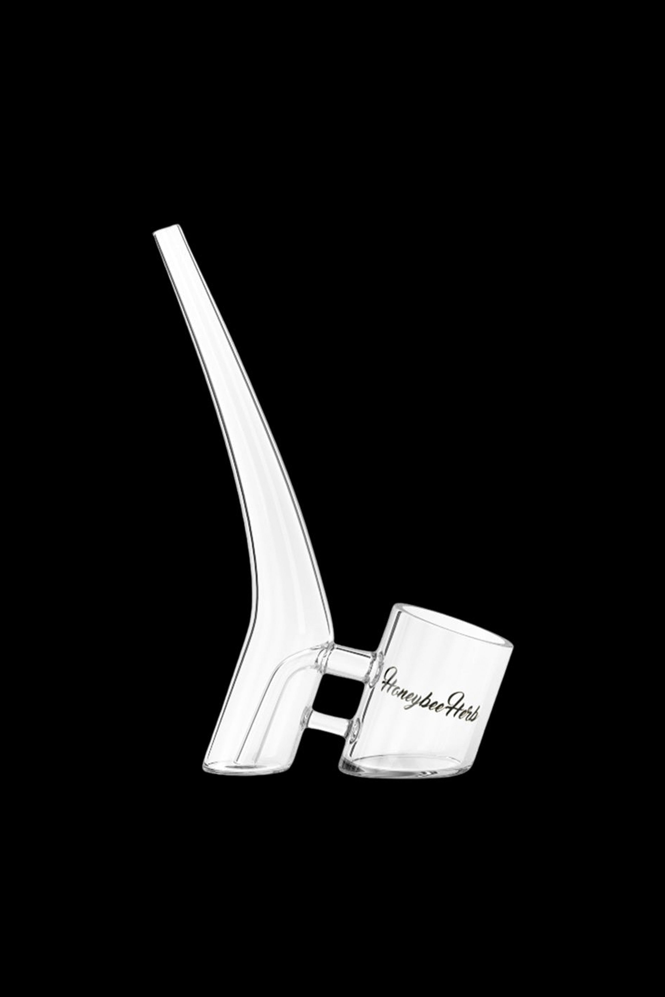 Glass bubbler with “Honeybee Herb” logo, isolated on a black background.