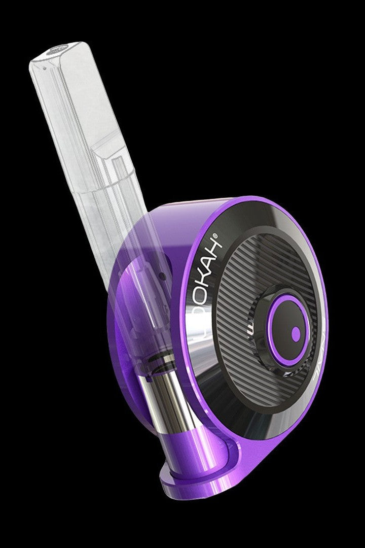 Purple cannabis oil vaporizer pen with glass mouthpiece.