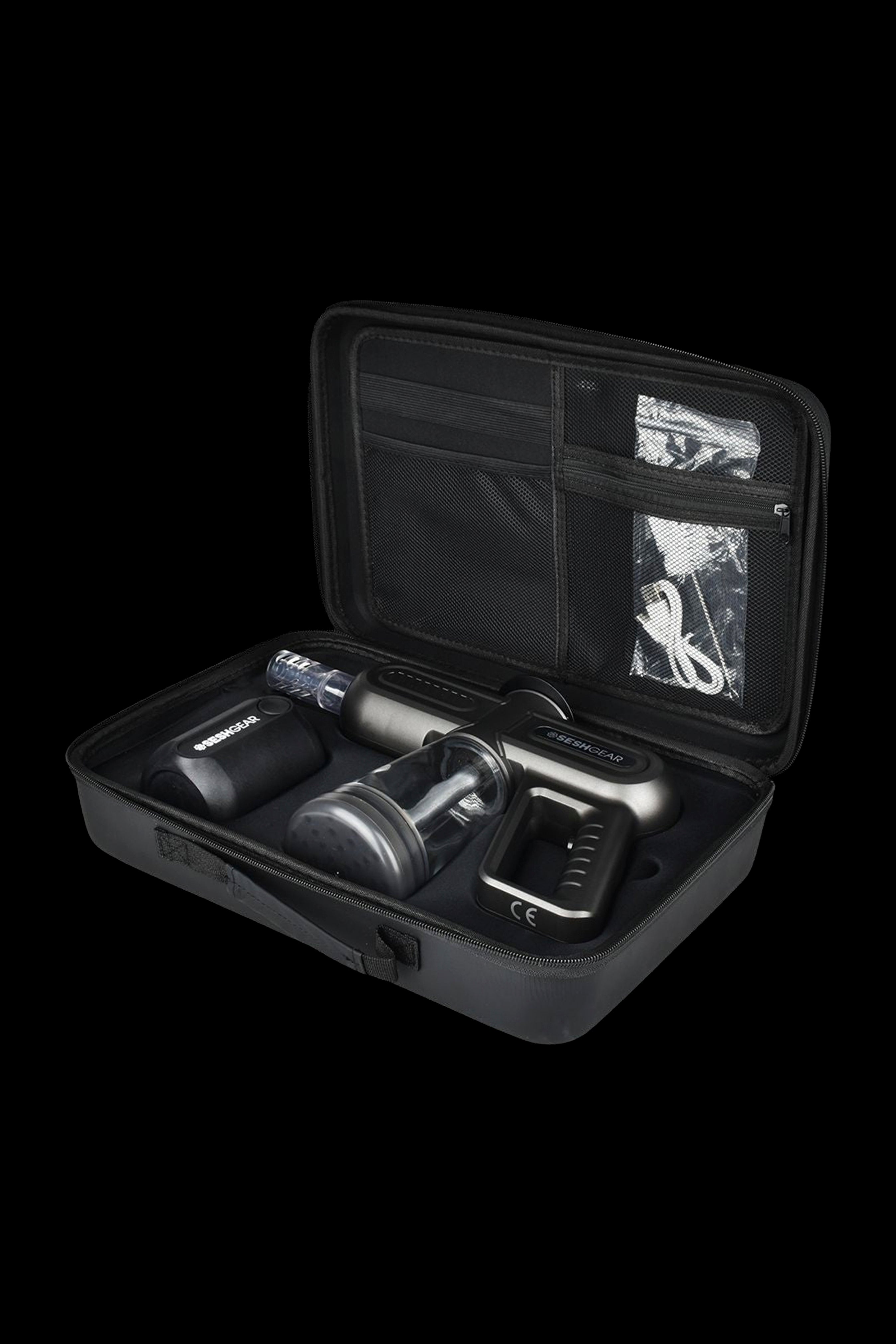 Black cannabis accessories case open, displaying a vaporizer, grinder, and other tools against a dark background.