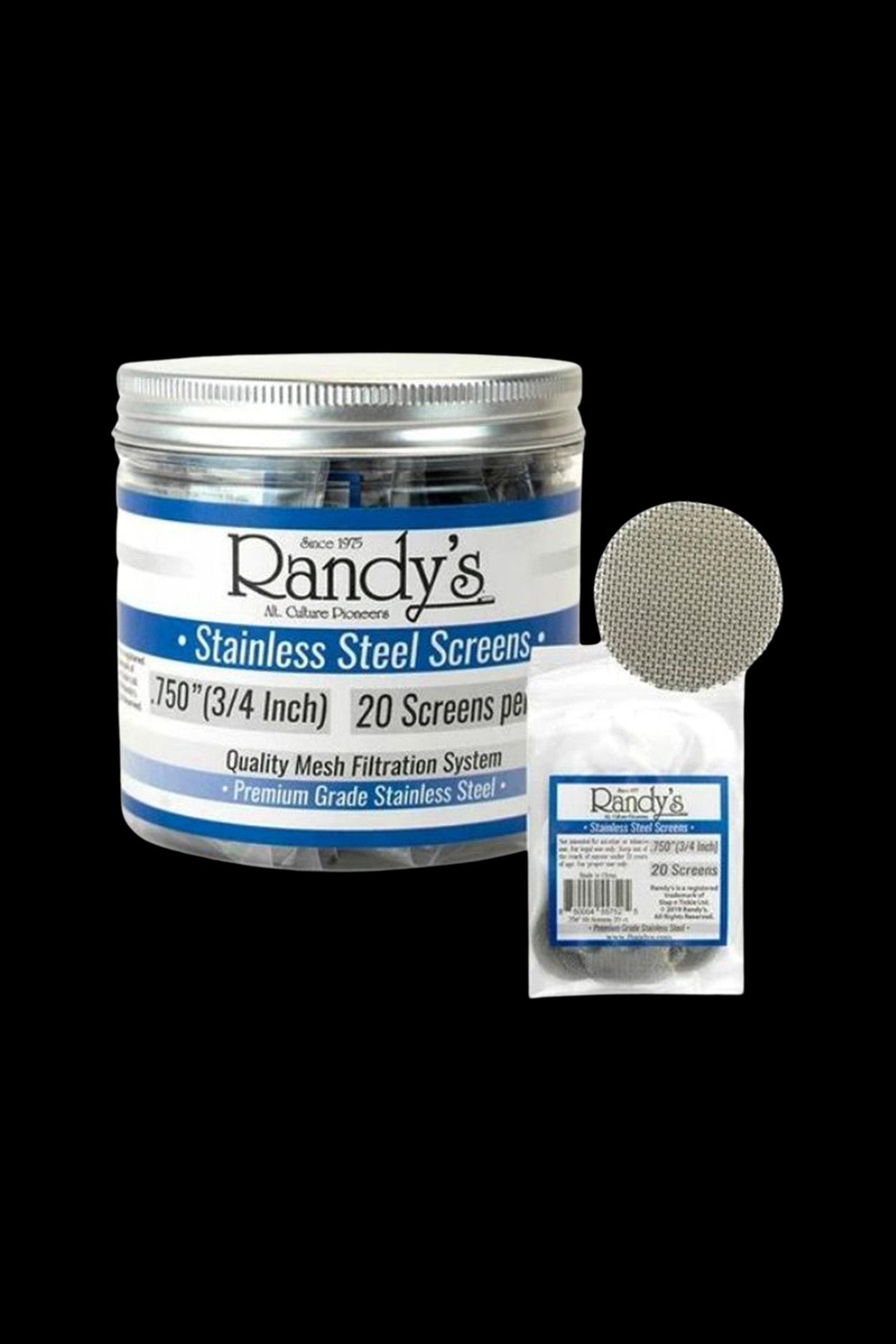 A jar of Randy's stainless steel screens for cannabis filtration, alongside a sealed package of 20 screens.