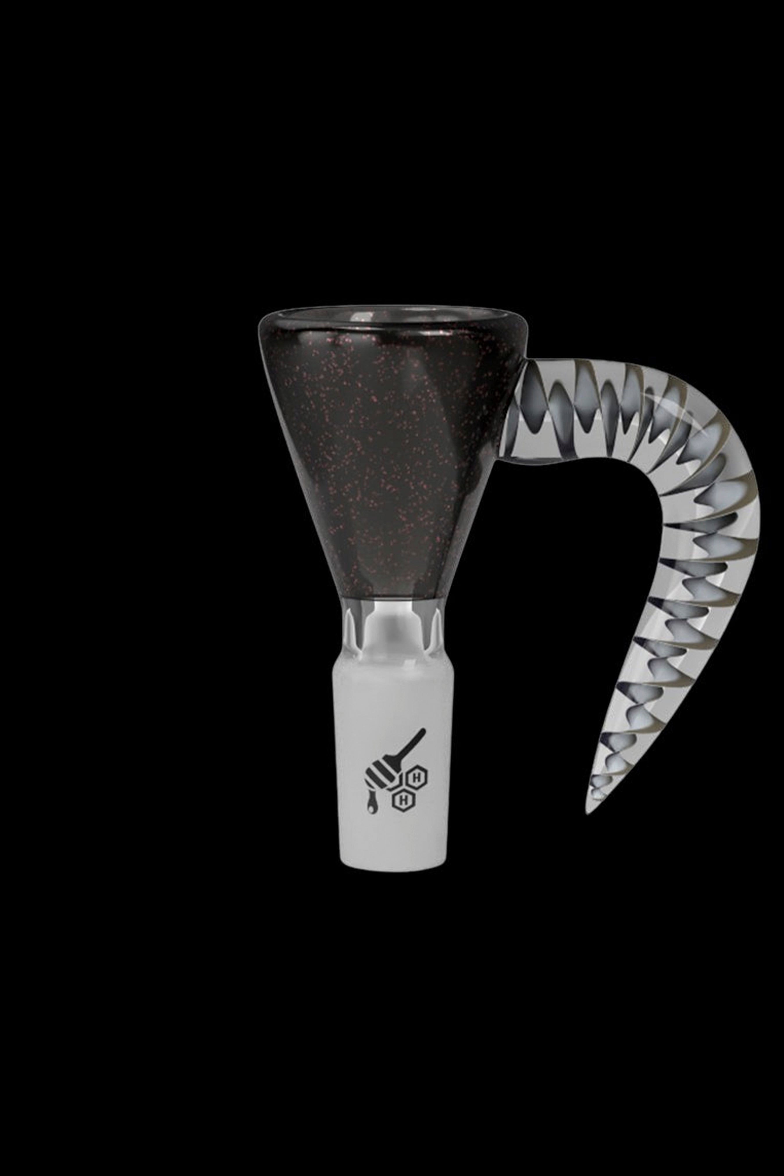 Black and white glass cannabis water pipe attachment.