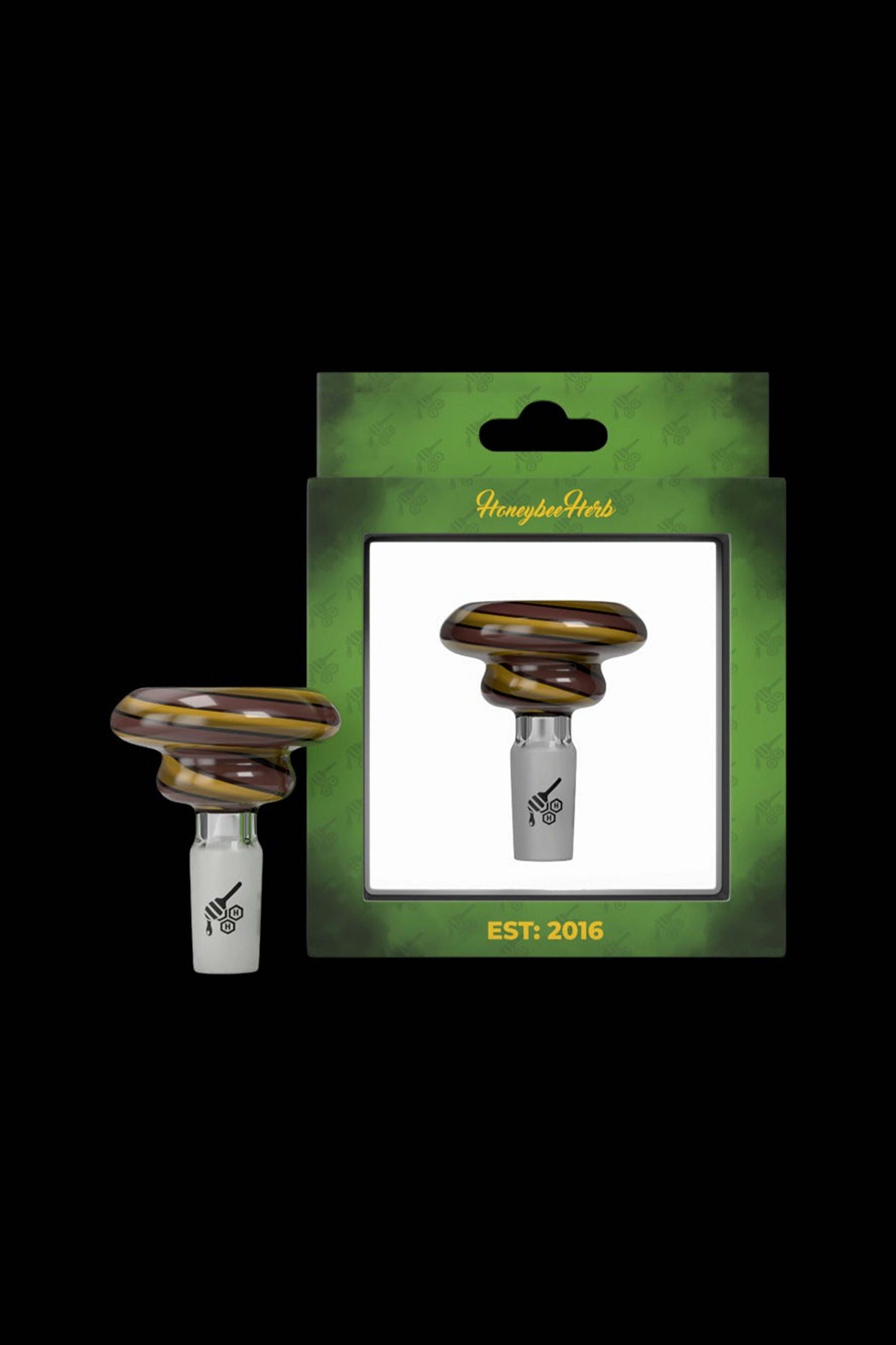 Packaged cannabis oil dab straws with brown and gold swirl designs, branded "Honeybee Herb" and established in 2016.