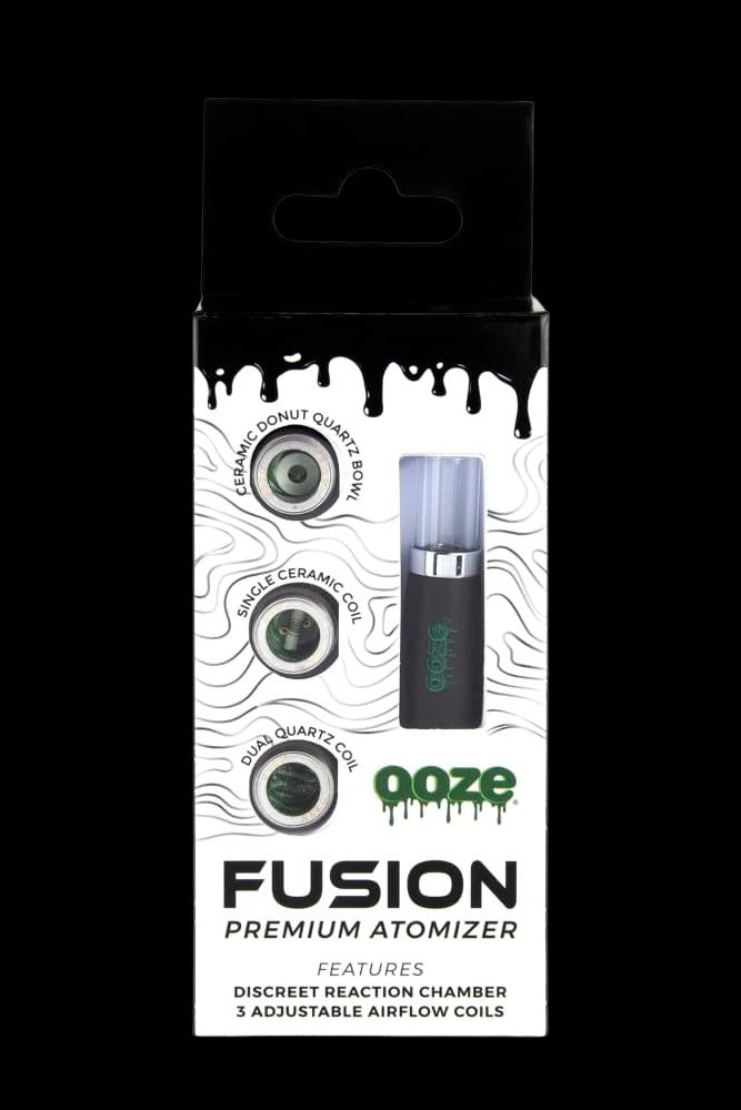 Ooze Fusion premium cannabis atomizer packaging showcasing features like ceramic & quartz coil options and adjustable airflow.