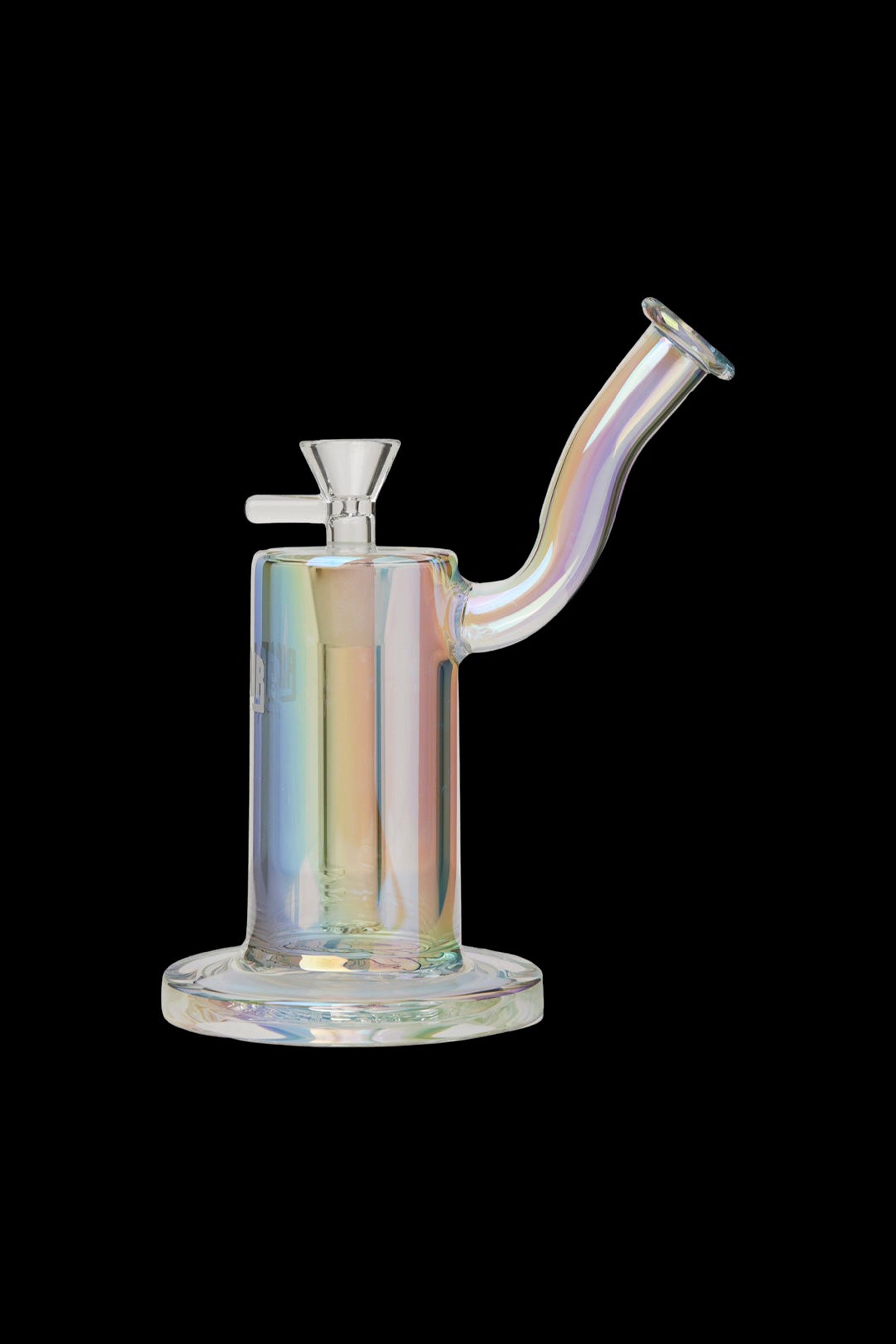 Iridescent glass water pipe (rig) with a flared base and angled mouthpiece.