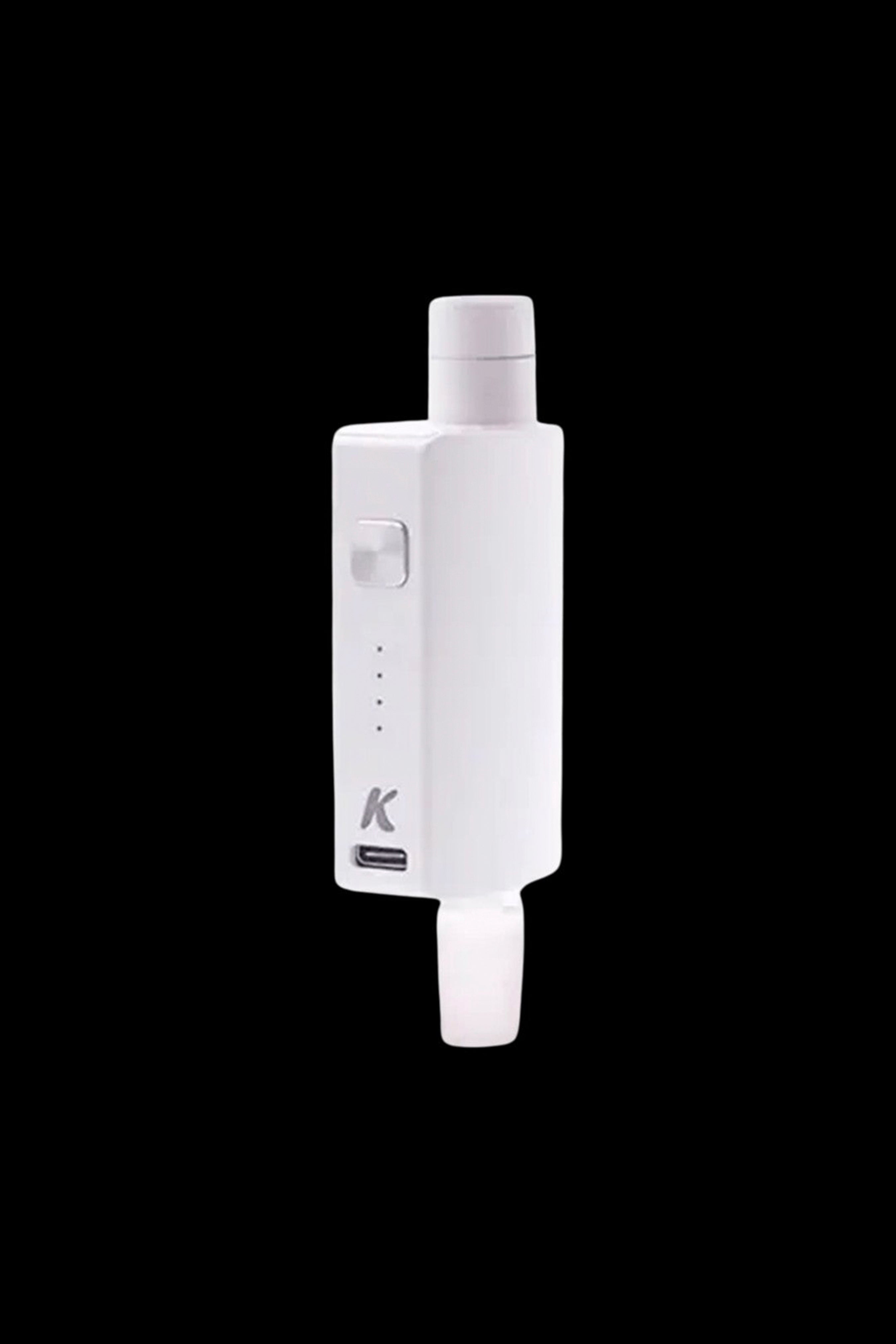 White cannabis vaporizer pen with a branded “K” logo.