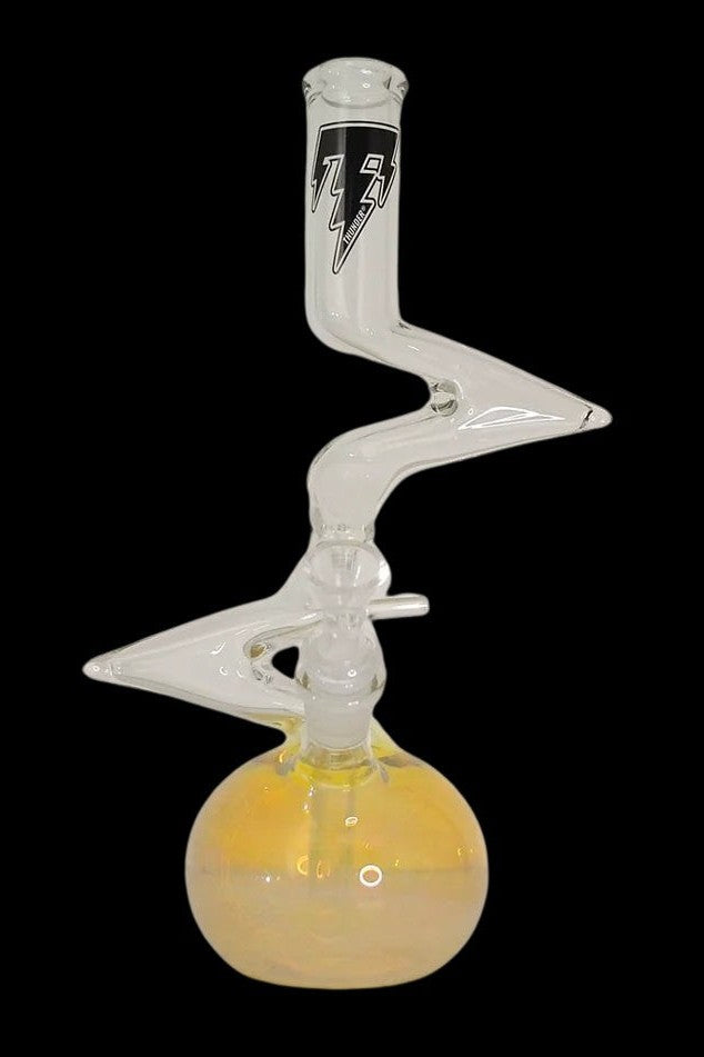 Glass water pipe with amber liquid inside, featuring a lightning bolt logo.