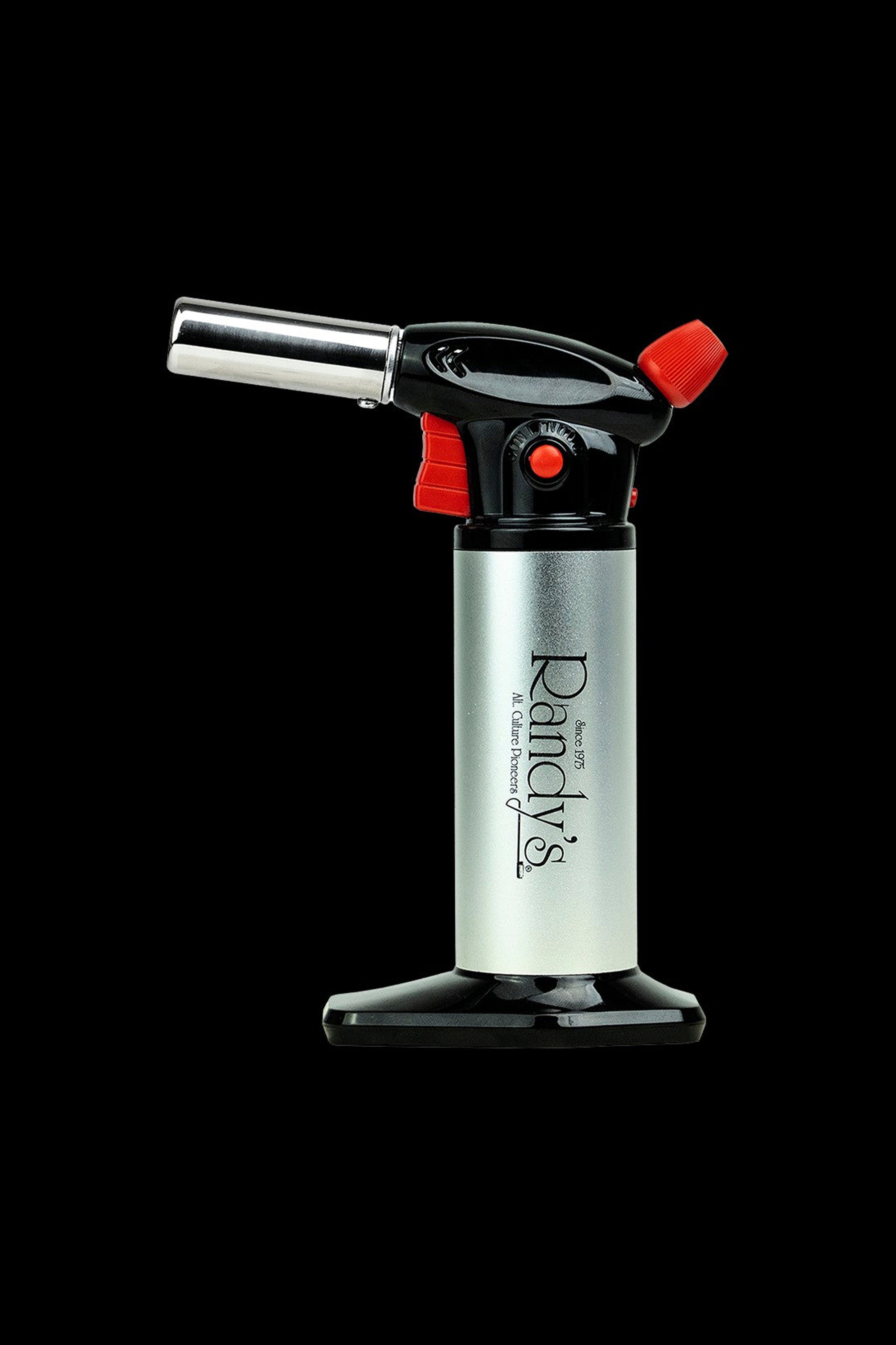 Silver butane torch with “Randy’s” branding, used for dabbing cannabis concentrates.