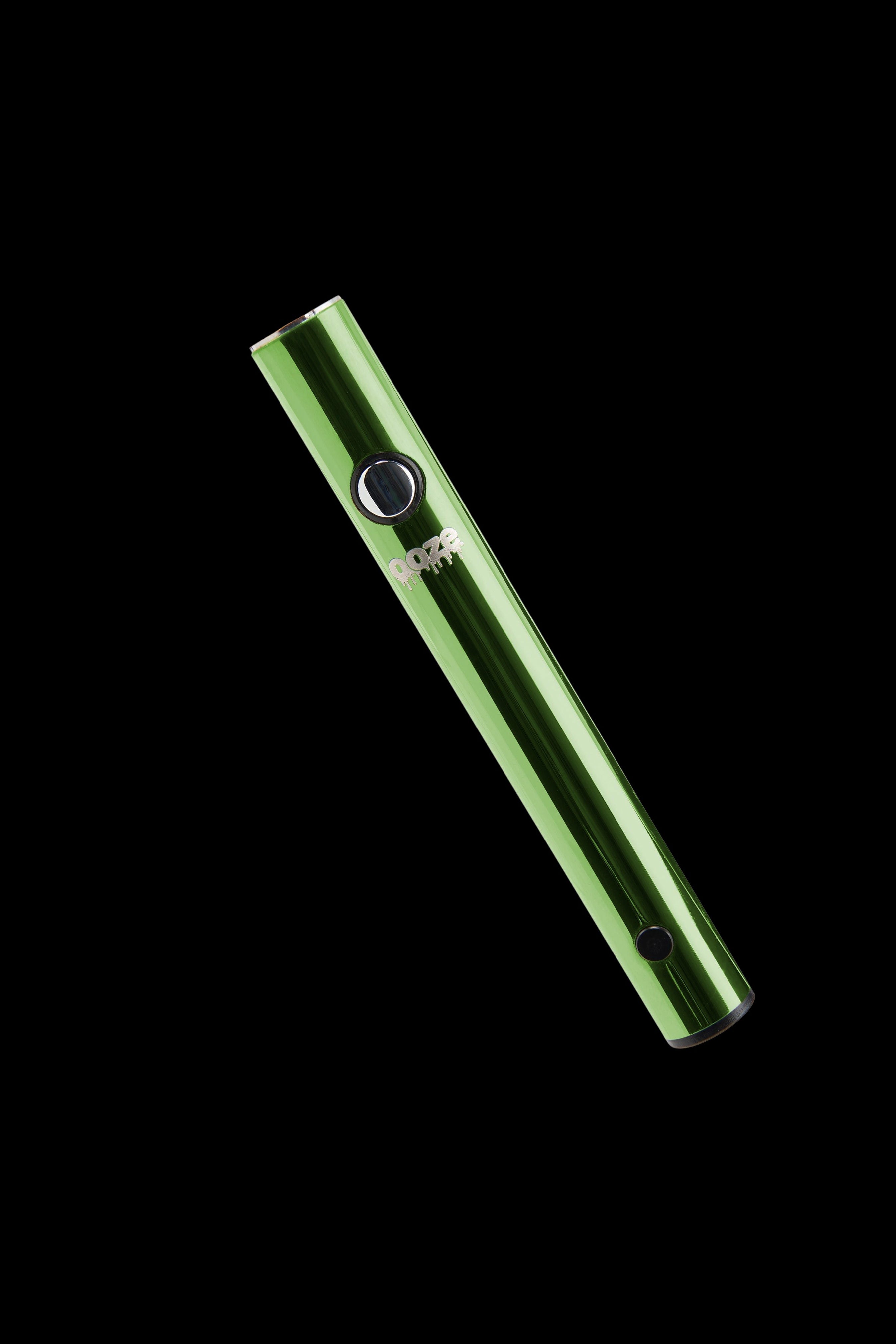 Green cannabis vaporizer pen against a black background.