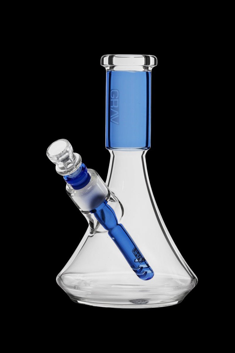 Blue glass bong with clear mouthpiece and downstem.