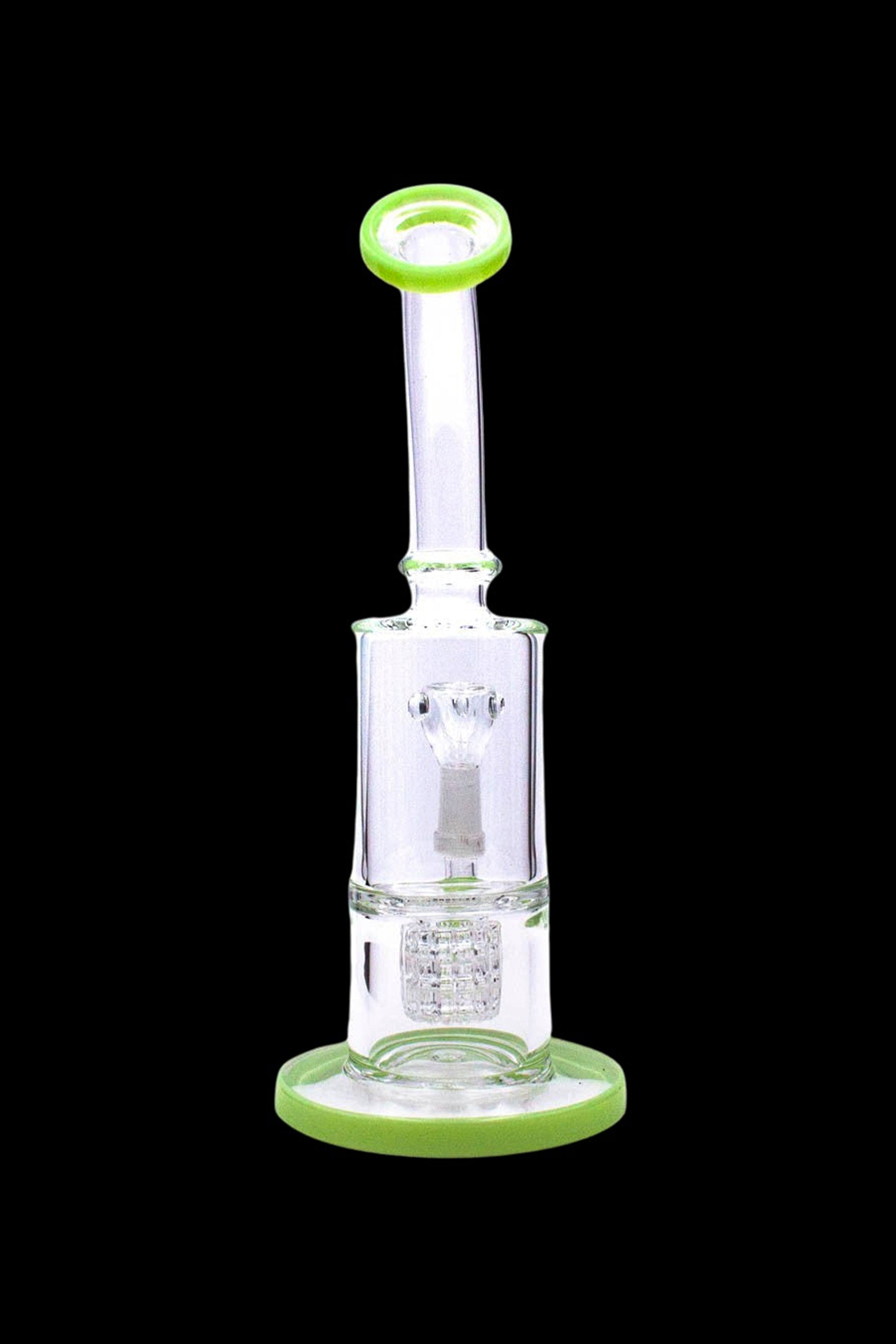 Green and clear glass bubbler water pipe for cannabis use.
