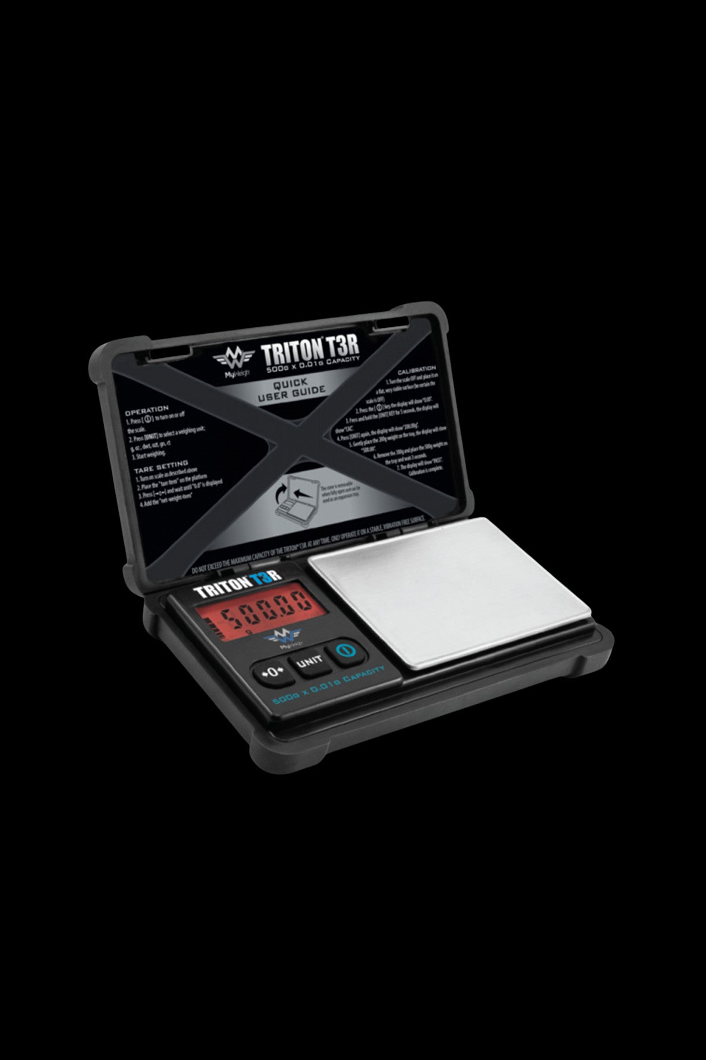 Digital scale with a stainless steel weighing platform, used for measuring cannabis or other small quantities.