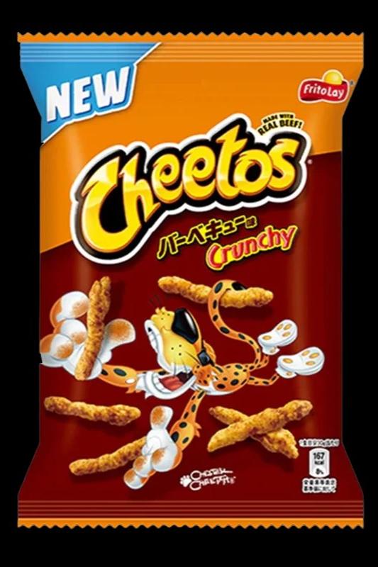 Front-facing bag shot of Cheetos - BBQ Snacks with the orange and brown packaging, mascot Chester Cheetah and crunchy snack pieces scattered against a black background.