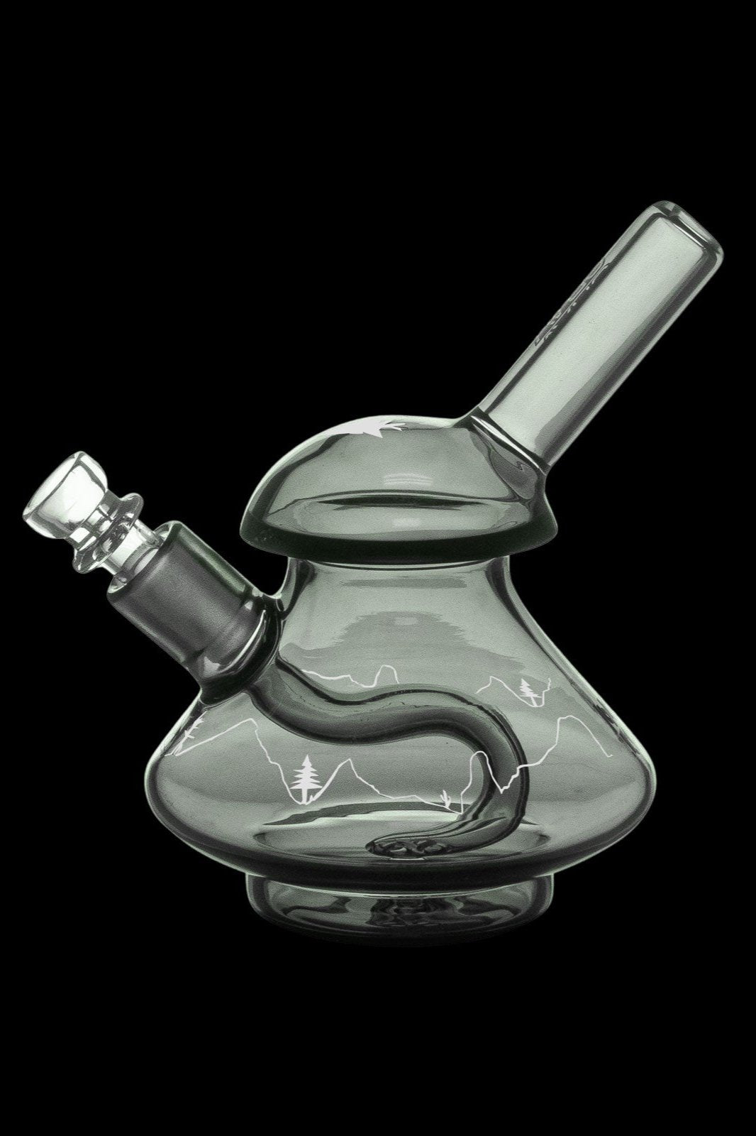 Green glass water pipe with etched mountain landscape design.