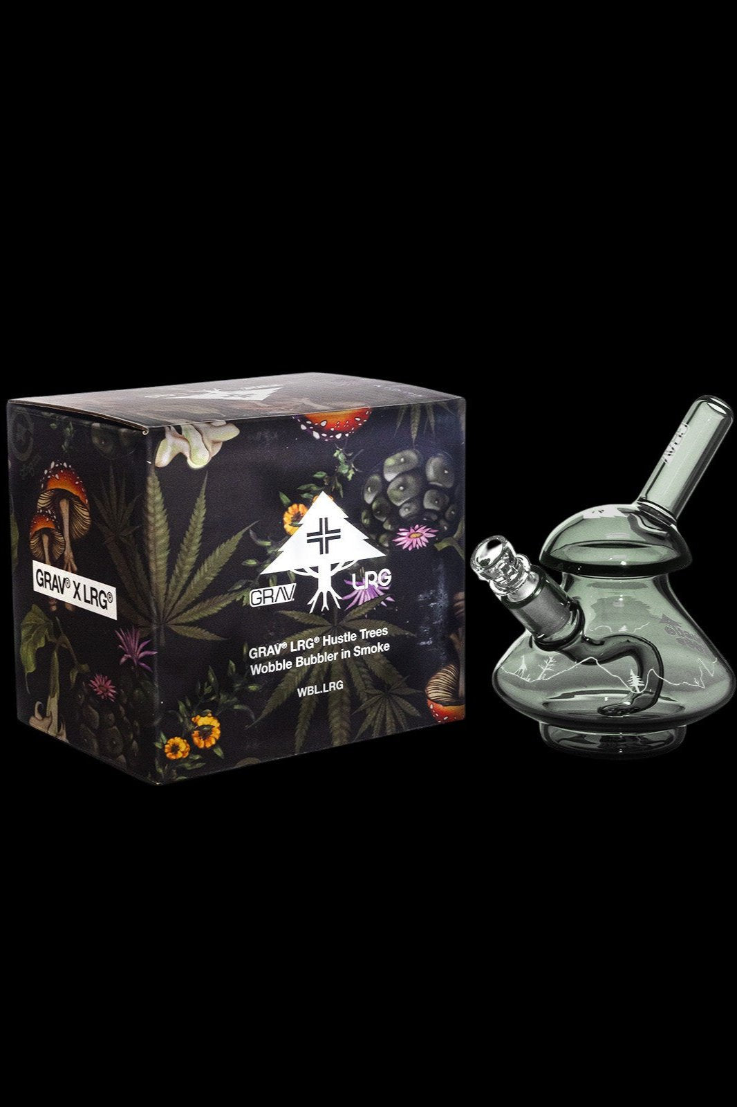 A product shot of a GRAV® x LRG® "Hustle Bubble" glass water pipe displayed in its decorated box.