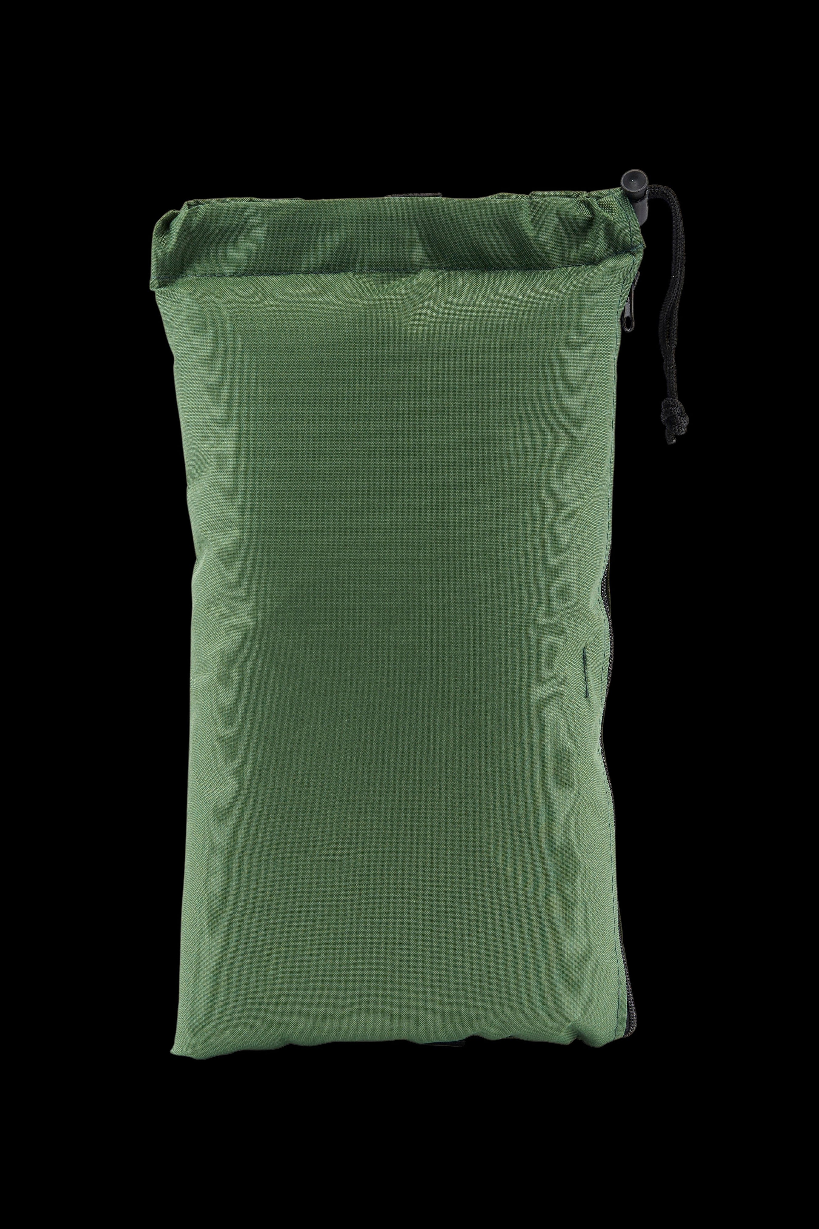 Green cannabis storage bag with drawstring closure.