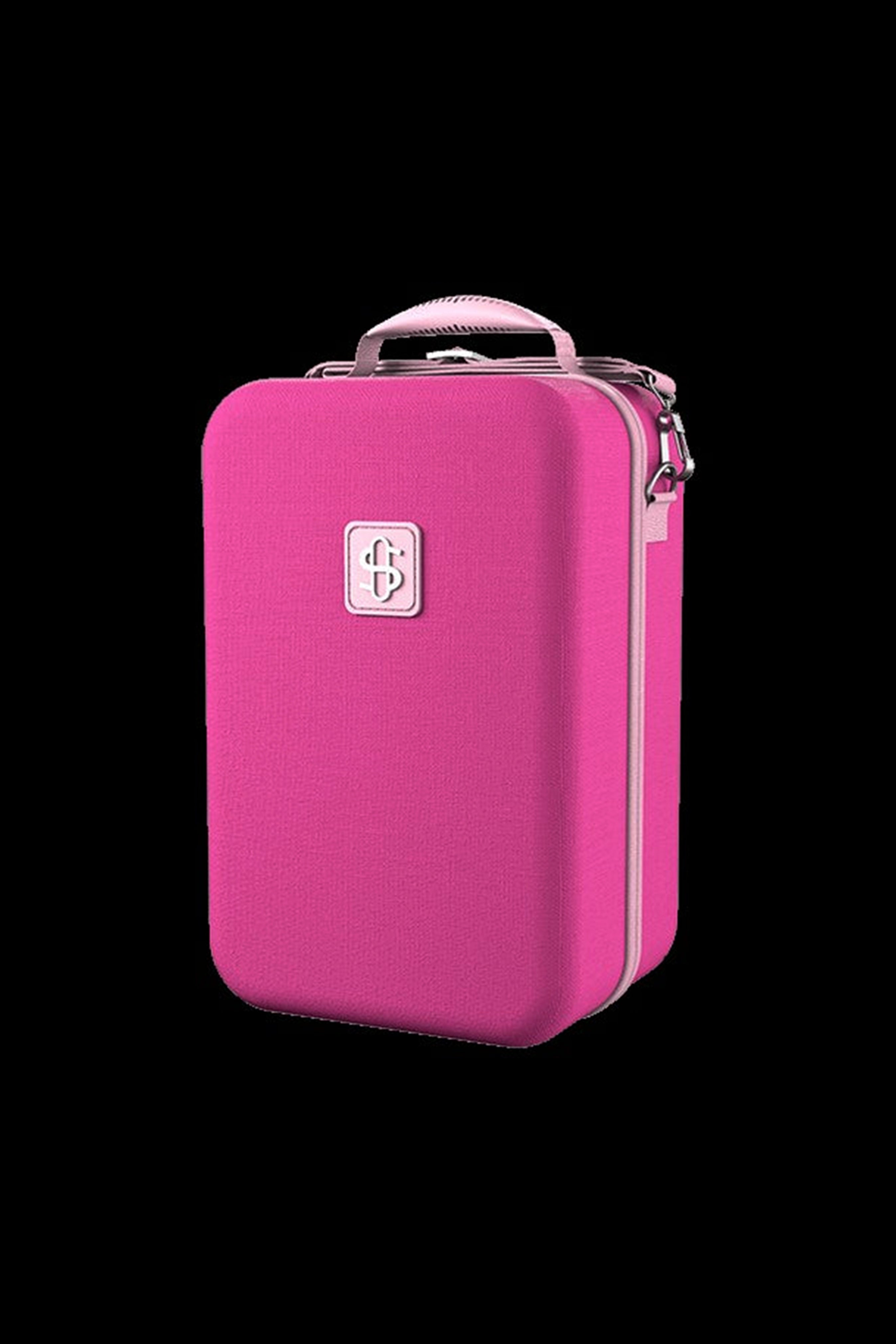 Pink cannabis smell-proof case with handle and logo.
