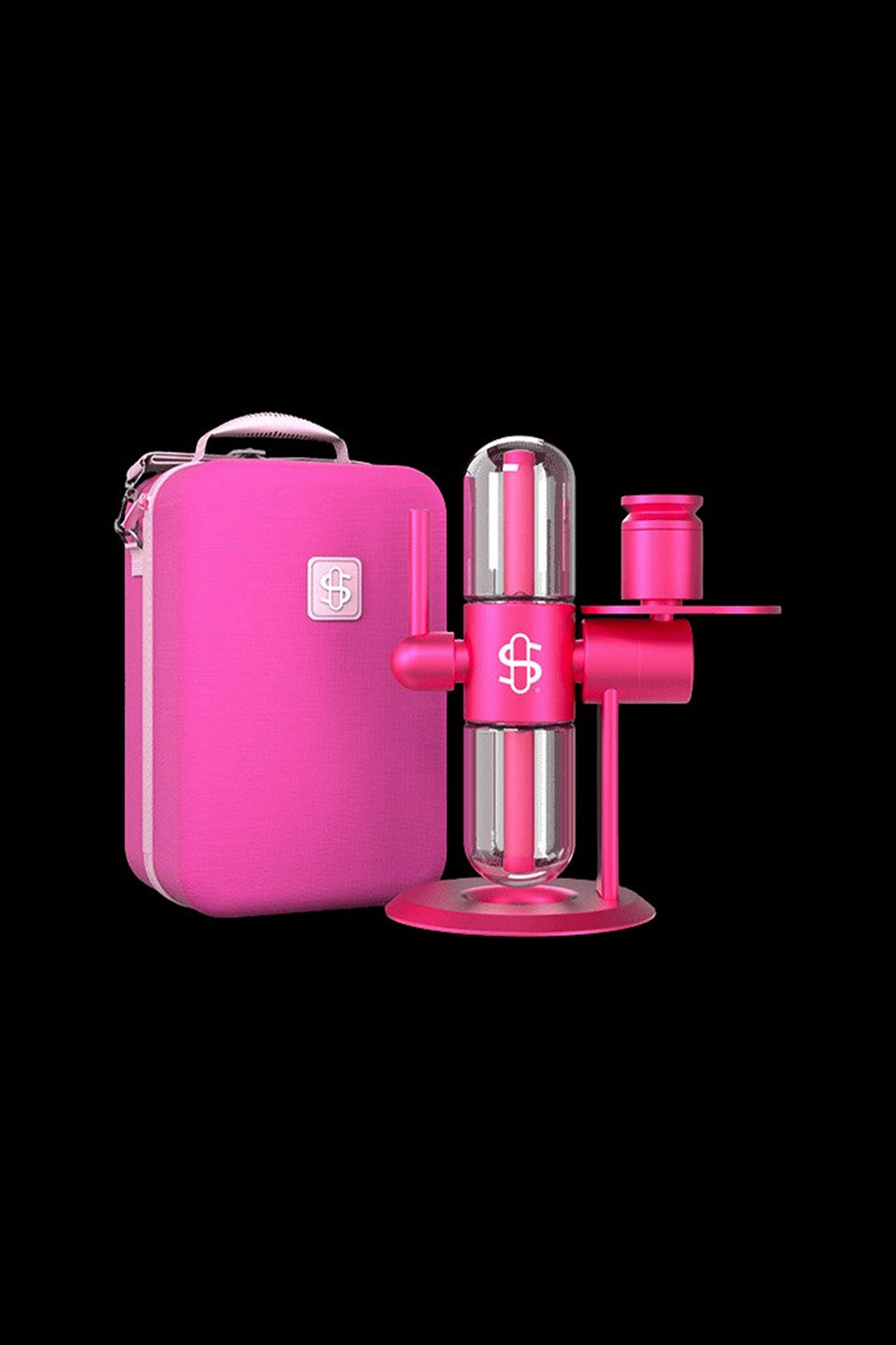 Pink cannabis water pipe and carrying case with dollar sign logo.