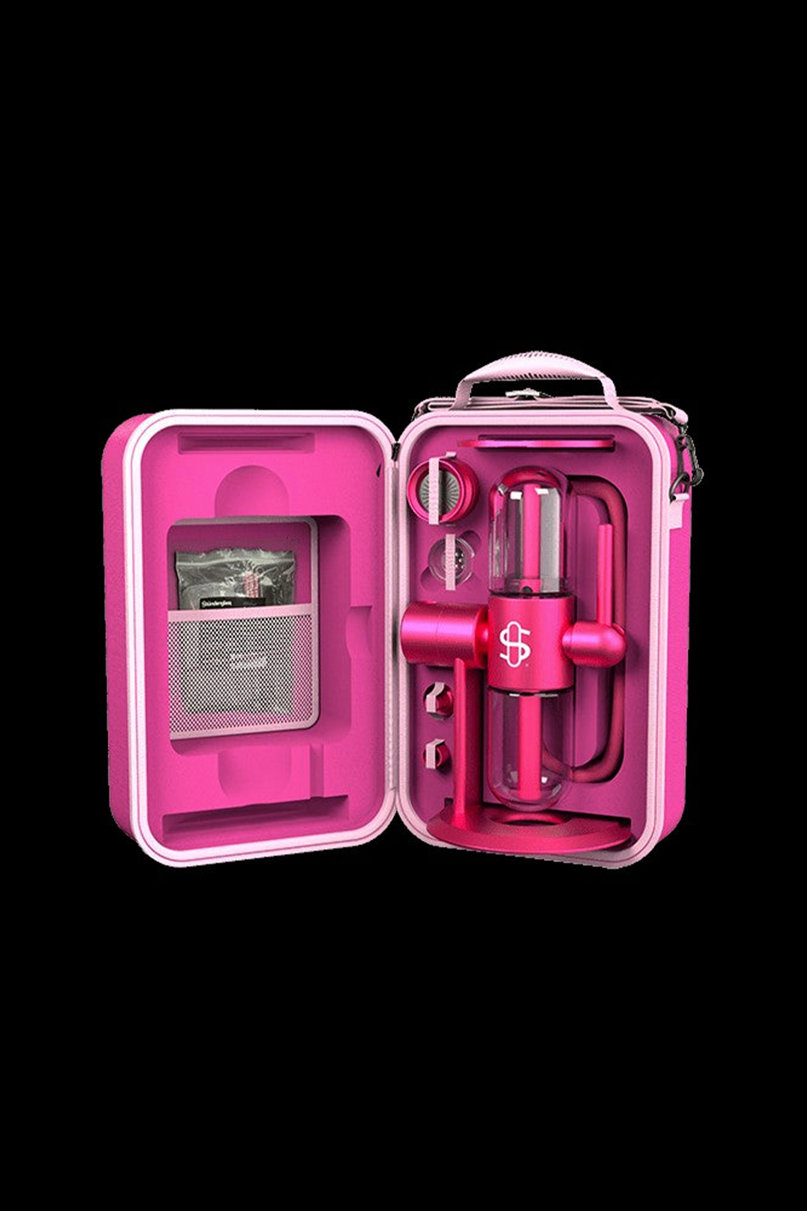 Open pink cannabis accessories case displaying a glass bong, grinder, and other smoking tools.