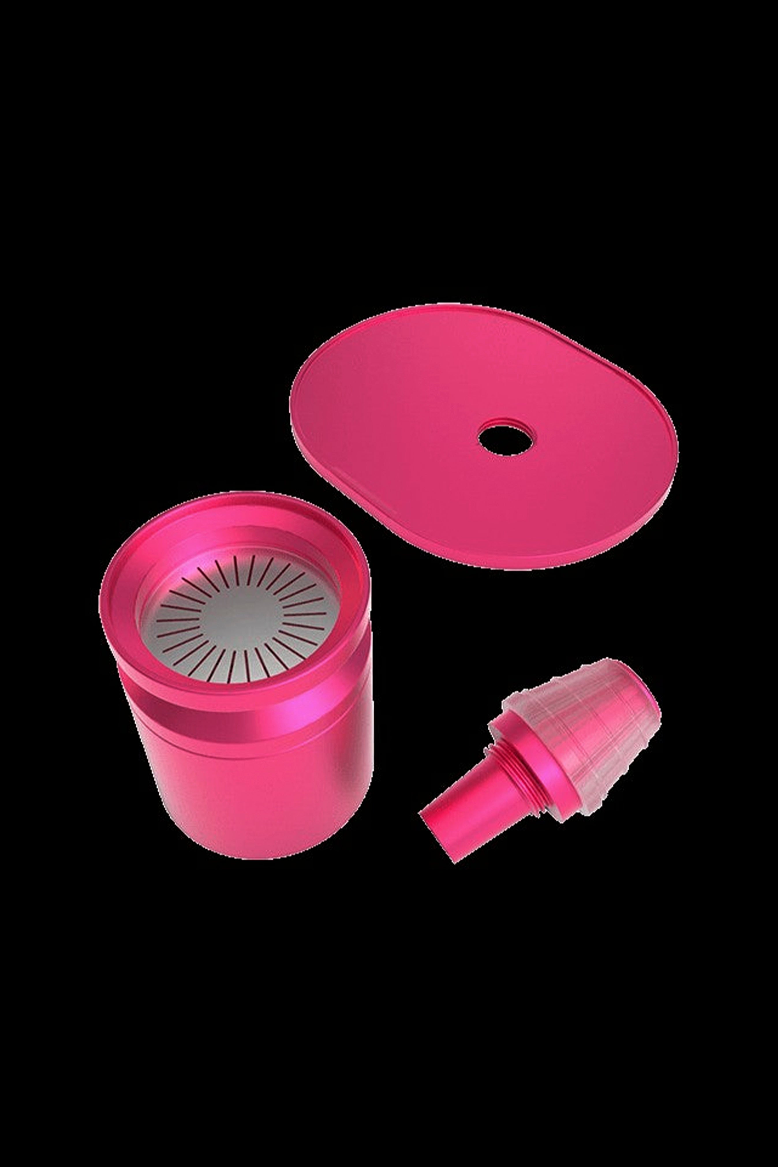 Pink cannabis bubbler disassembled, showing the water chamber, lid, and mouthpiece.