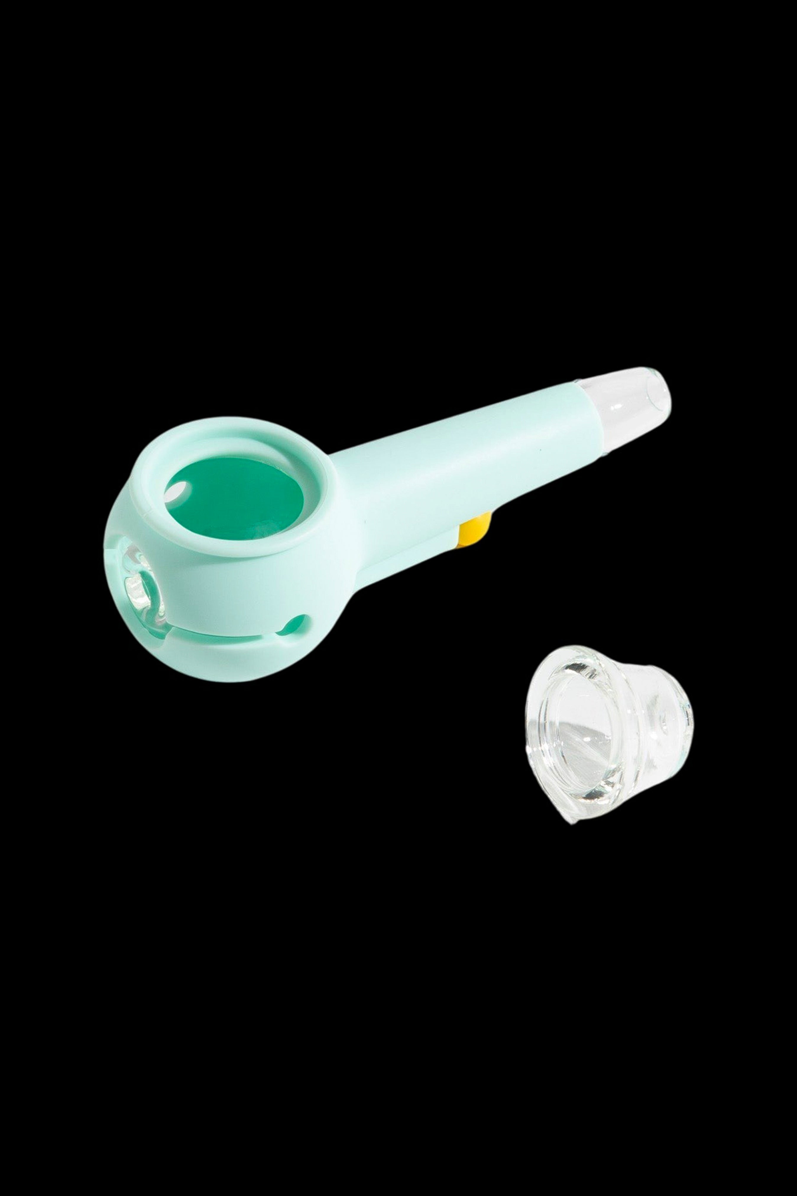 Mint green silicone pipe and glass bowl for cannabis use.