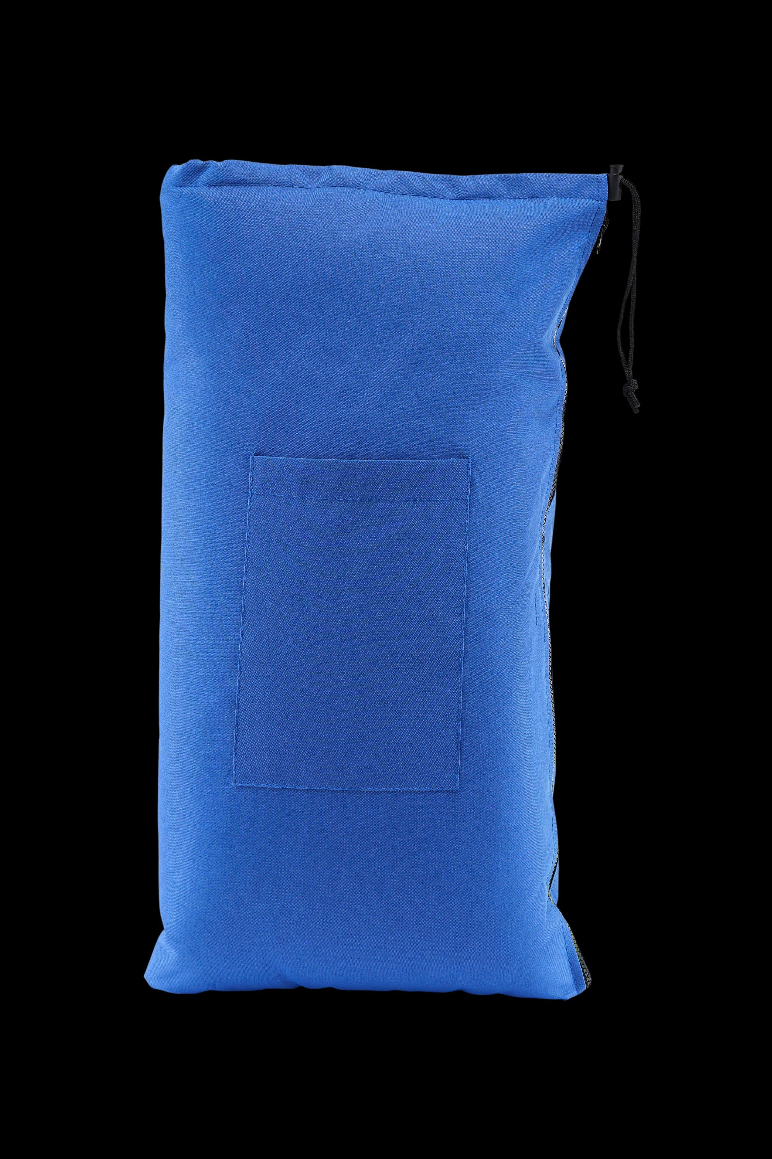 Blue smell-proof bag with a drawstring closure and front pocket.