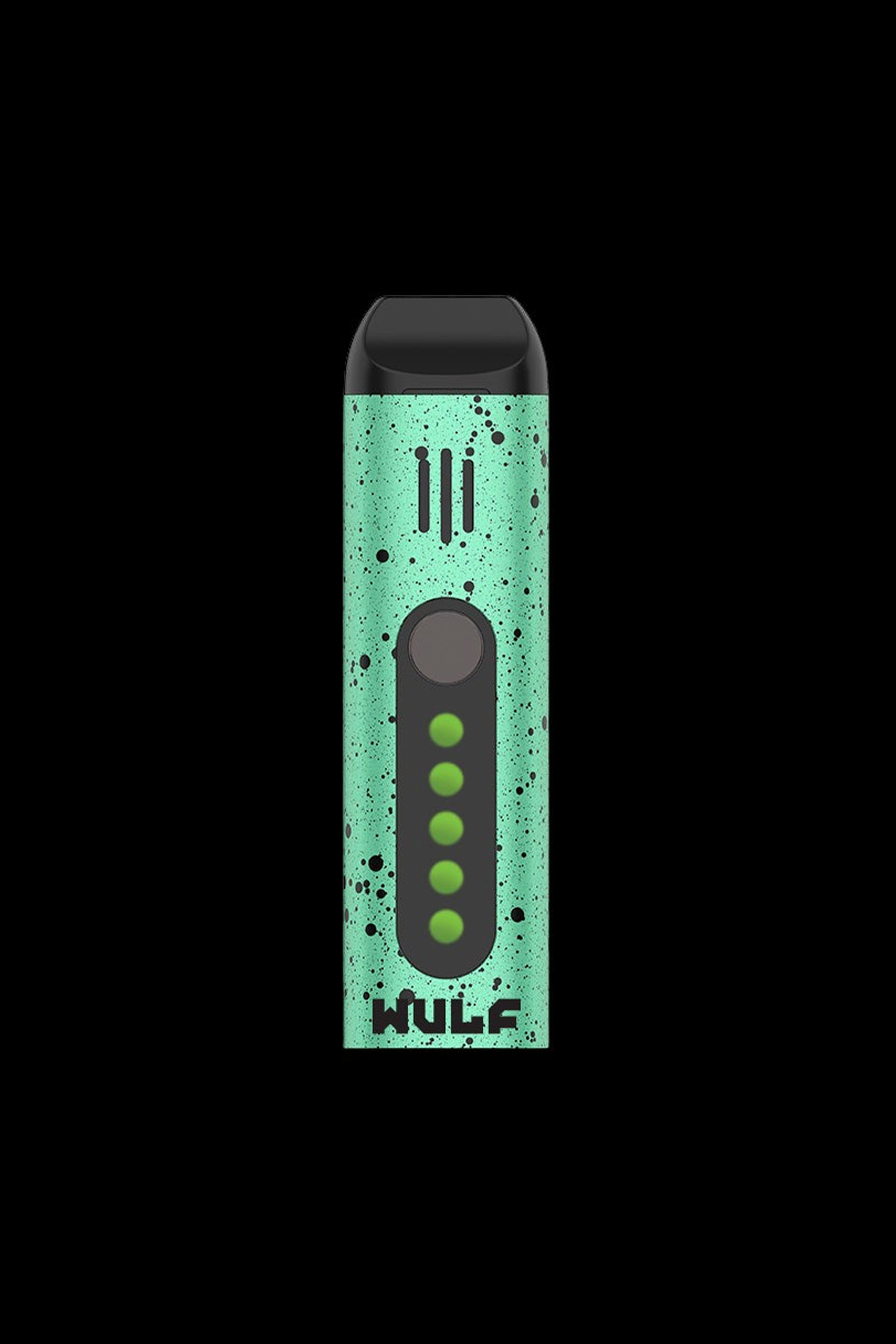 A teal and black Wulf vape pen with five indicator lights.