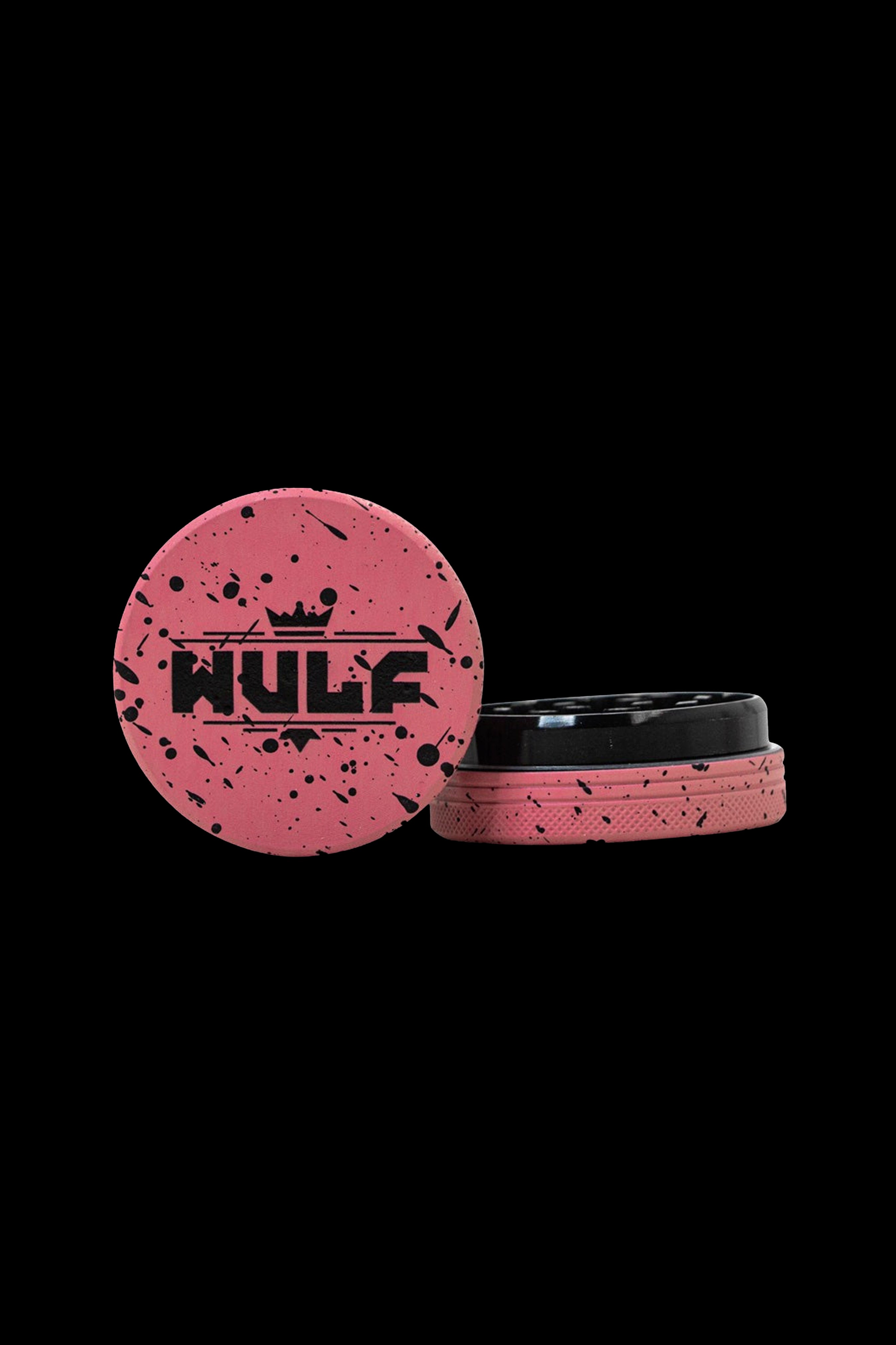 Pink cannabis concentrate container with “HULK” text and splatter design, open and closed.