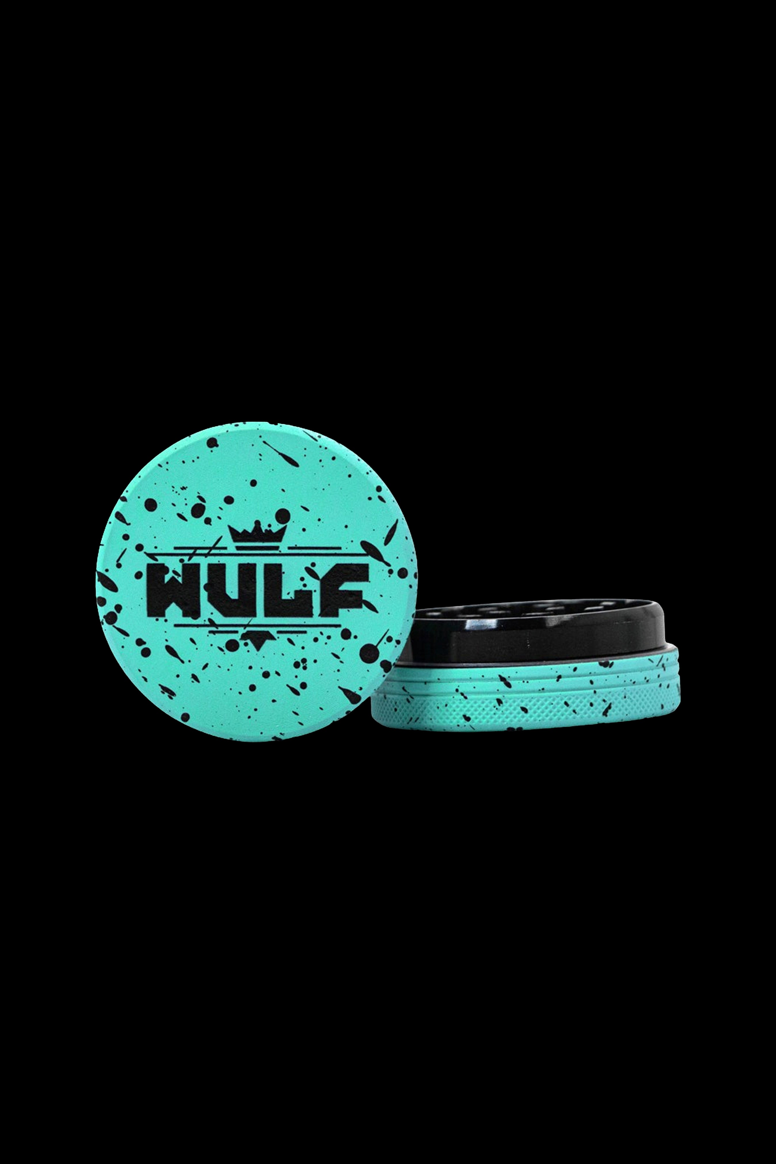 Turquoise cannabis grinder with "HULP" logo, open to reveal inner compartment.