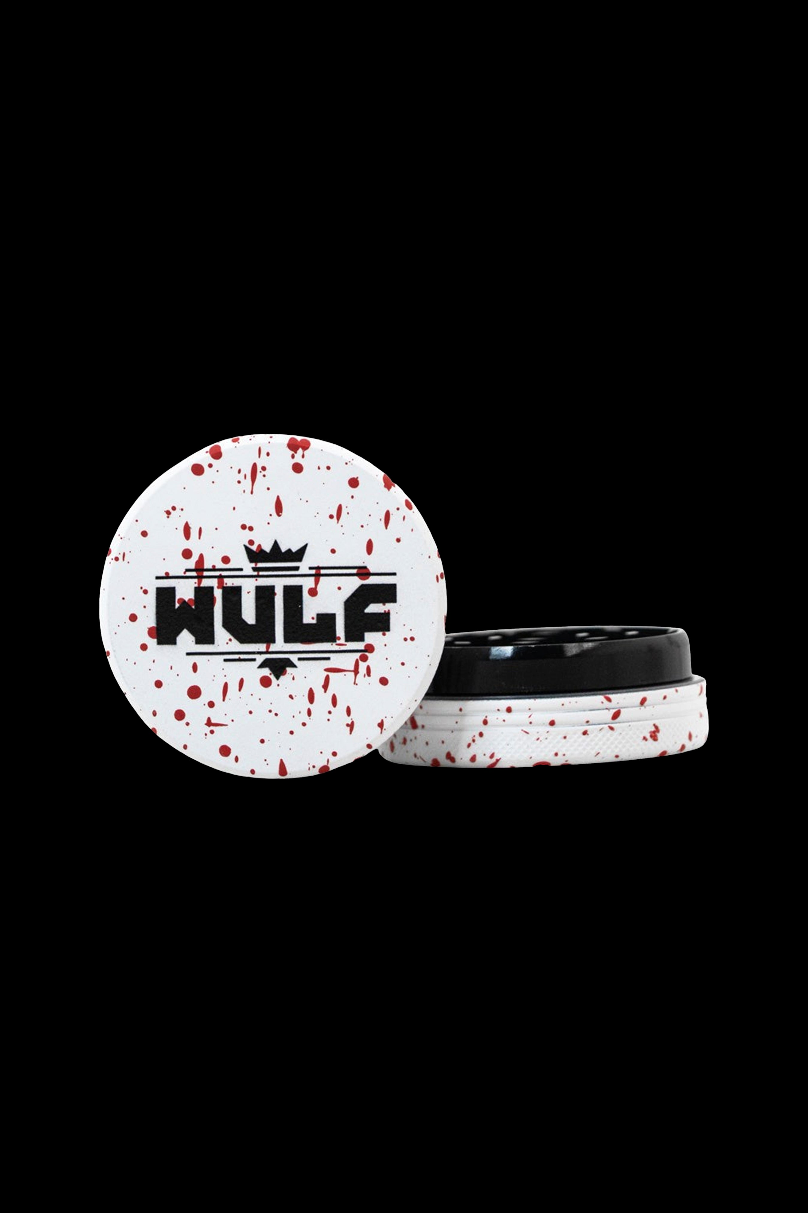 A white and red splattered cannabis concentrate container with “HULF” in bold black lettering and a crown above it.