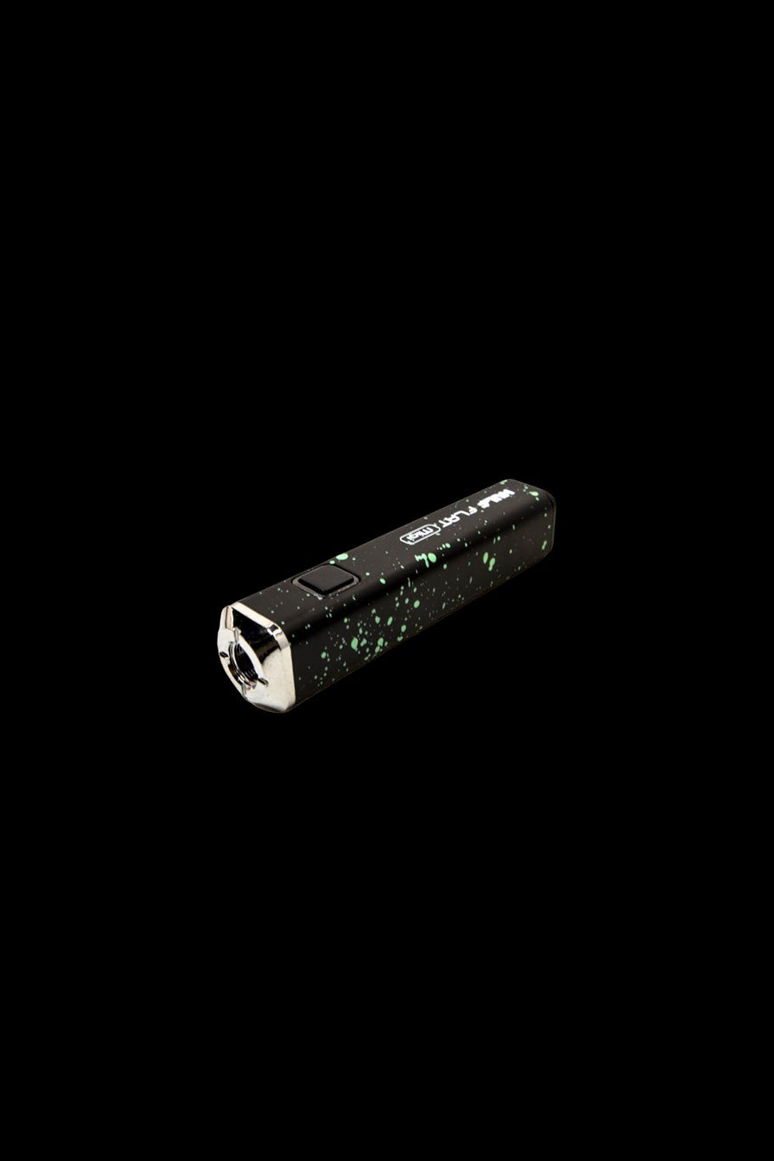 Black and green cannabis vape pen on a dark background.
