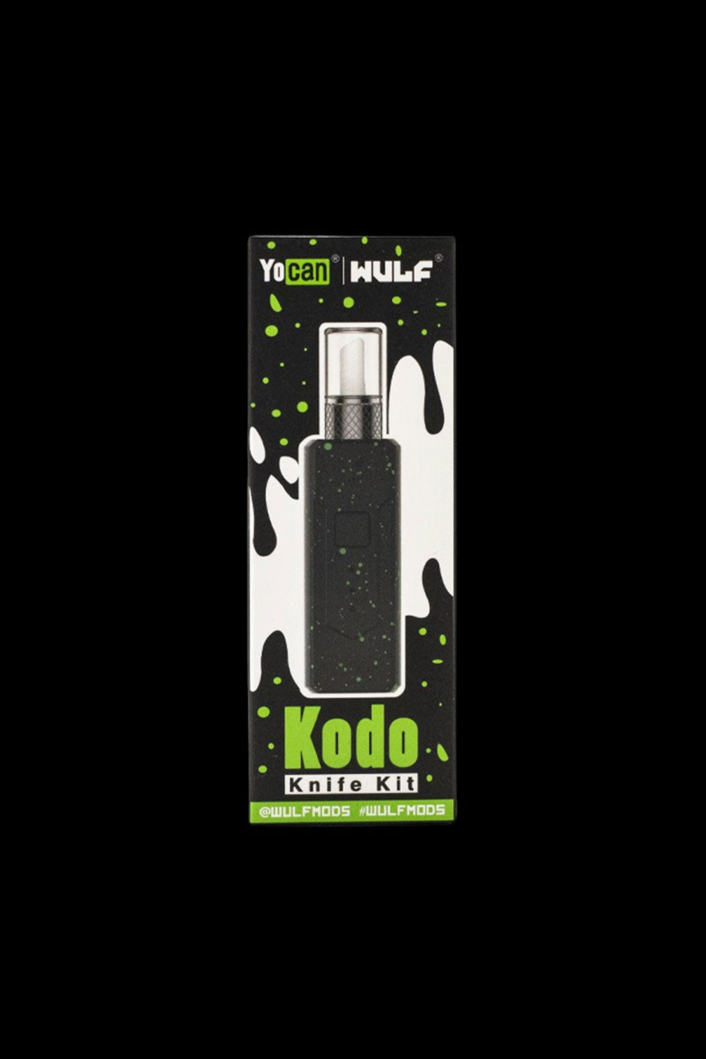 Packaging for “Kodo Knife Kit” by Wulfmods, featuring a black tool against a green and white splatter background.