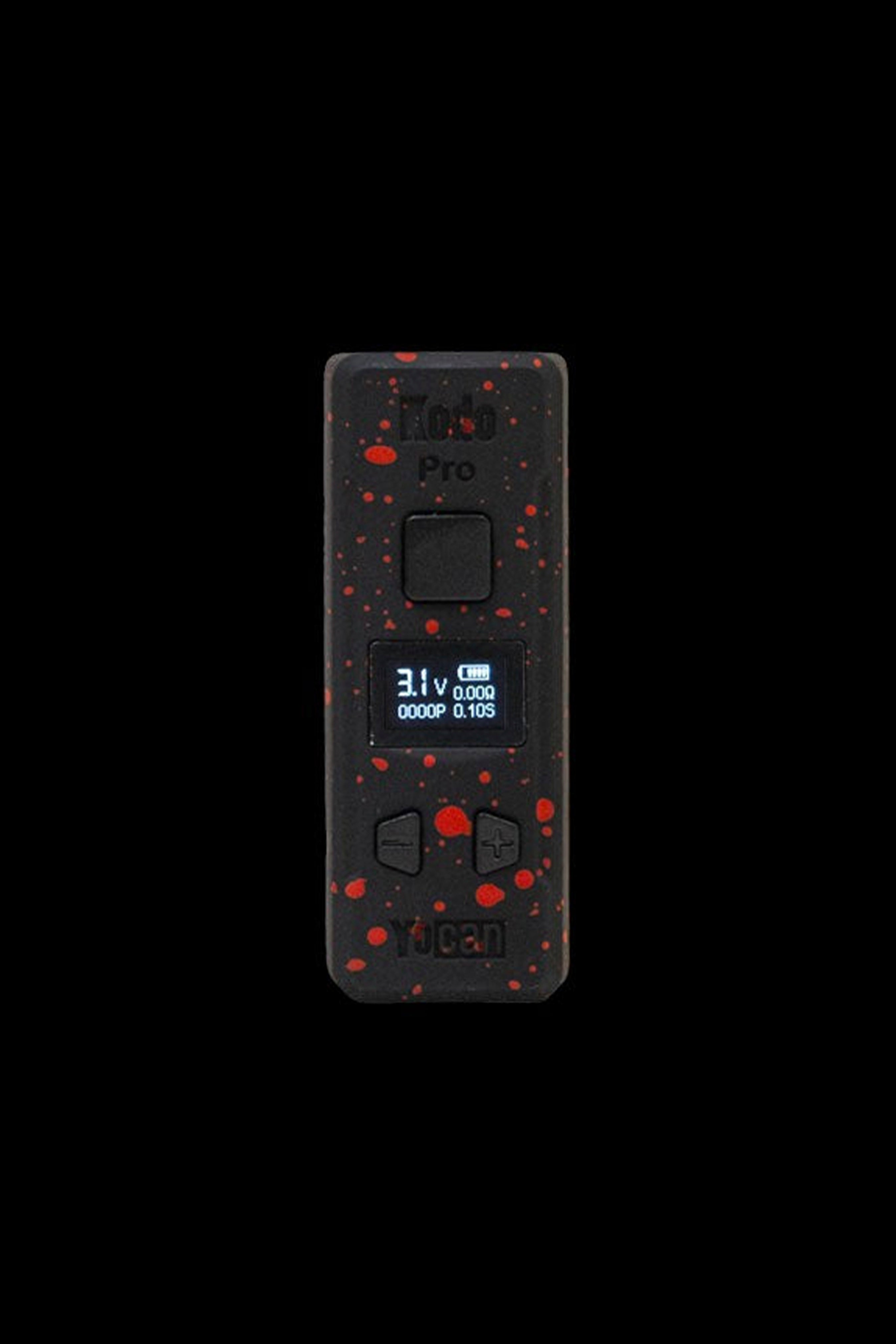 Yocan Evolve Plus battery display with red splatter design.