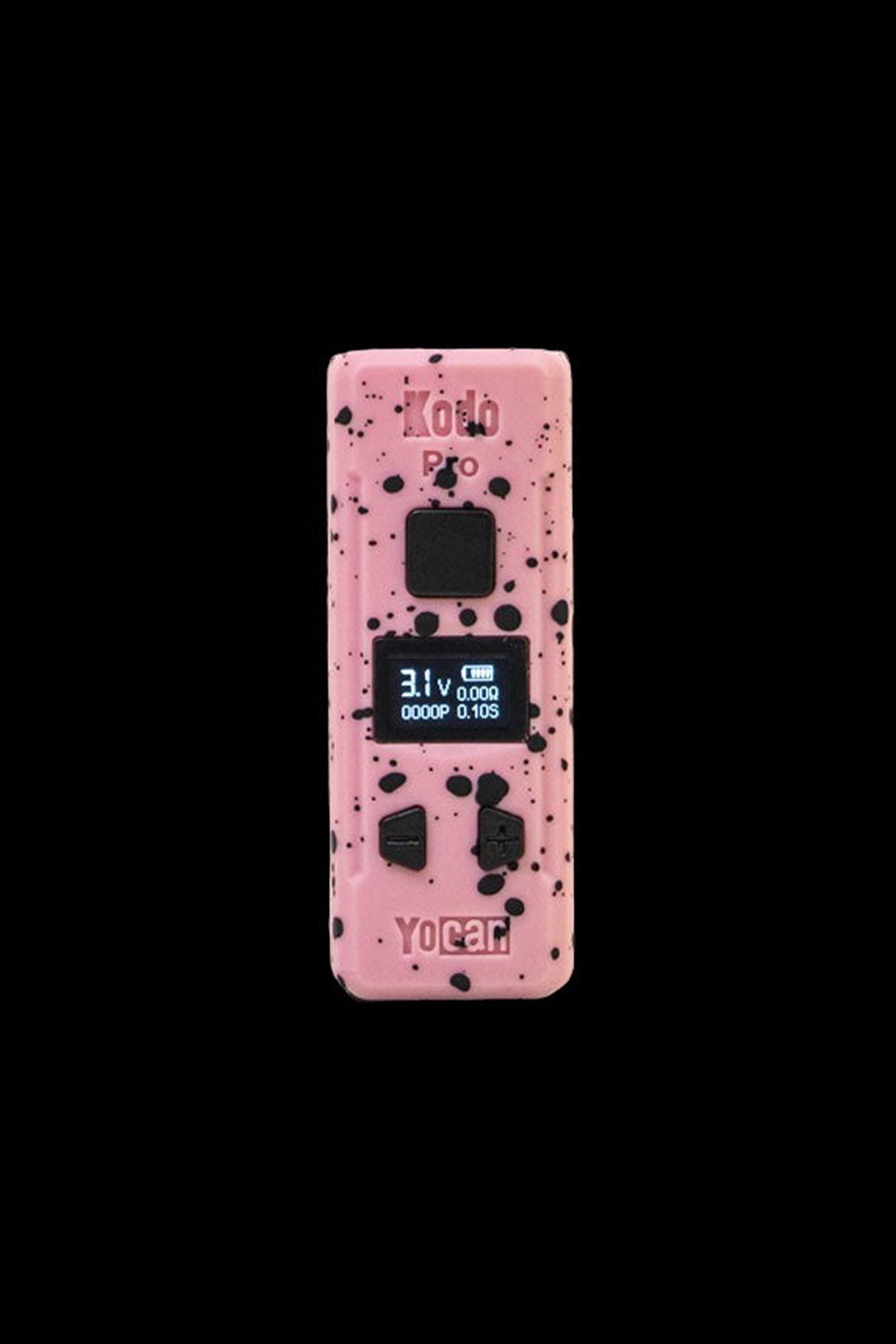 Pink Yocan Kodo Pro cannabis vape pen with a speckled pattern and digital display.