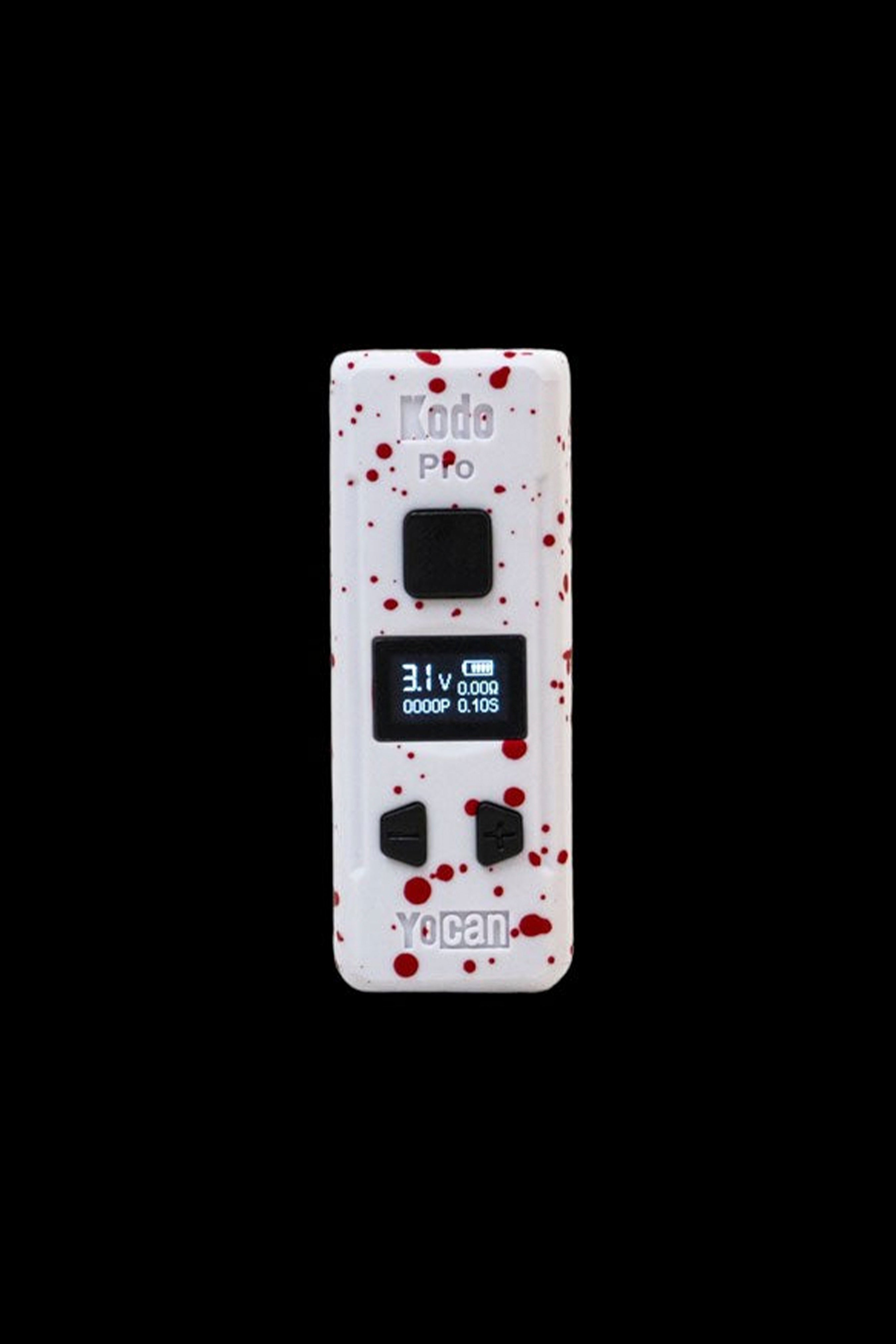 Yocan Evolve Plus vape pen with a red splatter pattern and digital display.